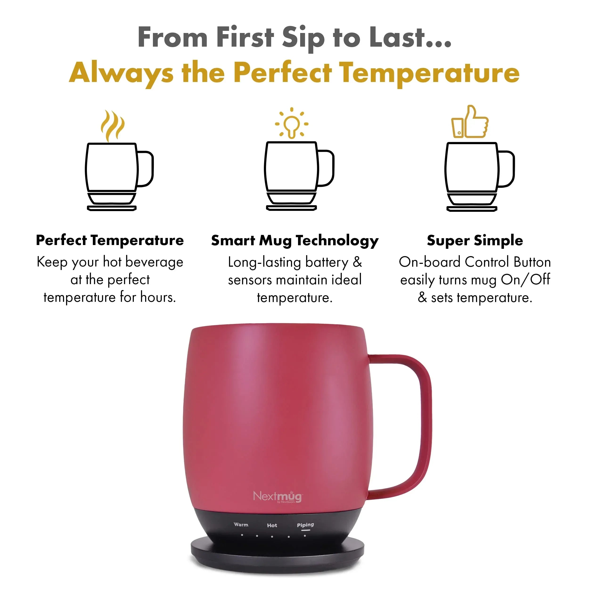 Nextmug - Temperature-Controlled, Self-Heating Coffee Mug (Black - 14 oz.) - Unique Gift Market