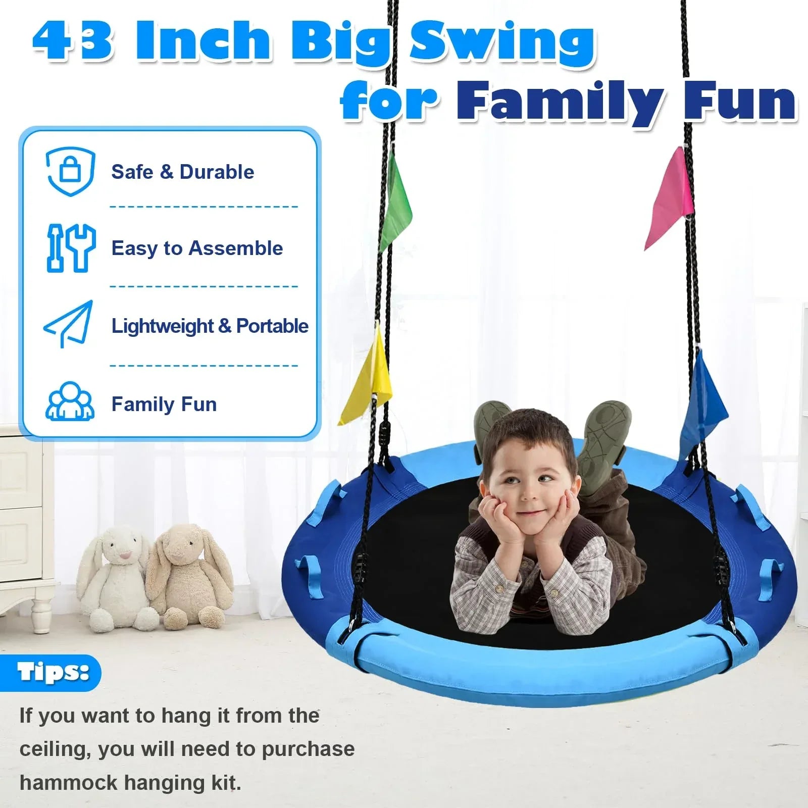 43 Inch Tree Swing, 900lbs Weight Capacity Saucer Swing Sets for Kids & Adults, with 360 Degree Swivel and Adjustable Hanging Strap, Green and Blue - Unique Gift Market