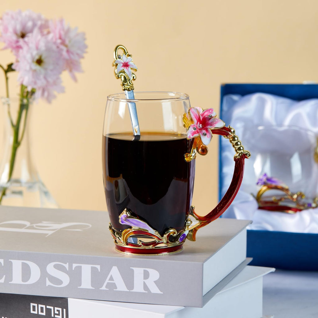Tea Cup Glass Coffee Mugs,Fancy Tea Cup Set Birthday Christmas Valentine's Day Gift Idea for Tea Lover and Women Novelty Coffee Mugs Rose Flower Enamel Tea Cup Glass Mug with Spoon Set