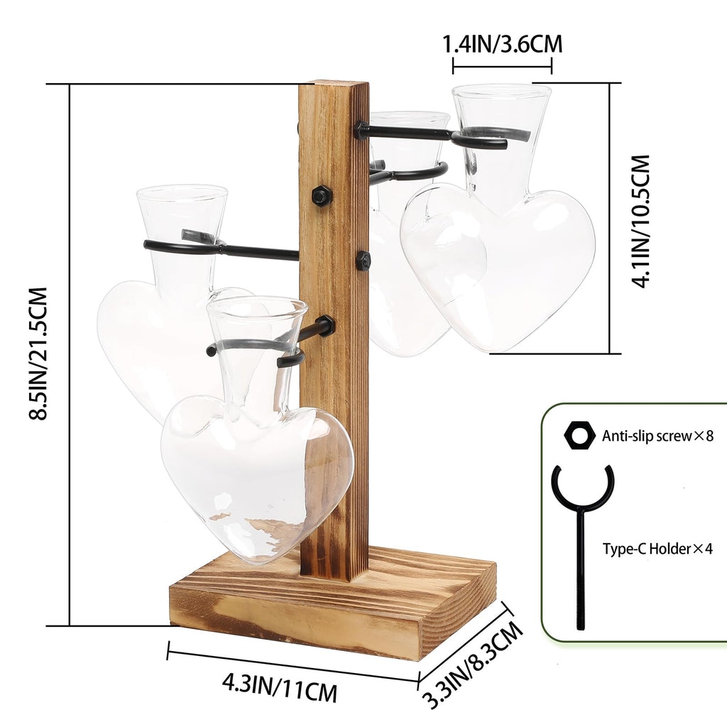 Plant Terrarium Propagation Stations with Wooden Stand, Glass Vase for Indoor Hydroponics Home Garden Office Decoration Gift for Women - 4 Love Bulb Vase