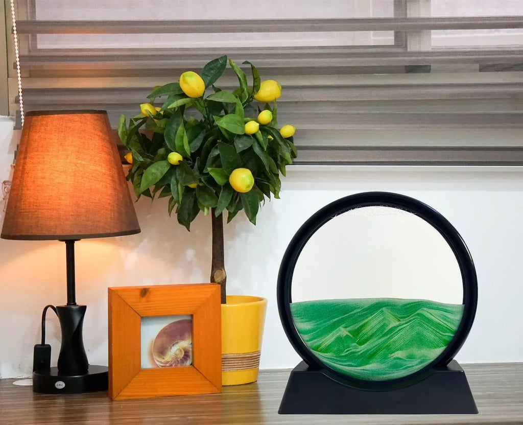 Moving Sand Art Picture - Sand Art Liquid Motion 3D Deep Sea Sandscape, Round Glass Frame Display Flowing Sand Relaxing Toy for Desktop Home Office Work Ocean Decor(Black, 7") - Unique Gift Market