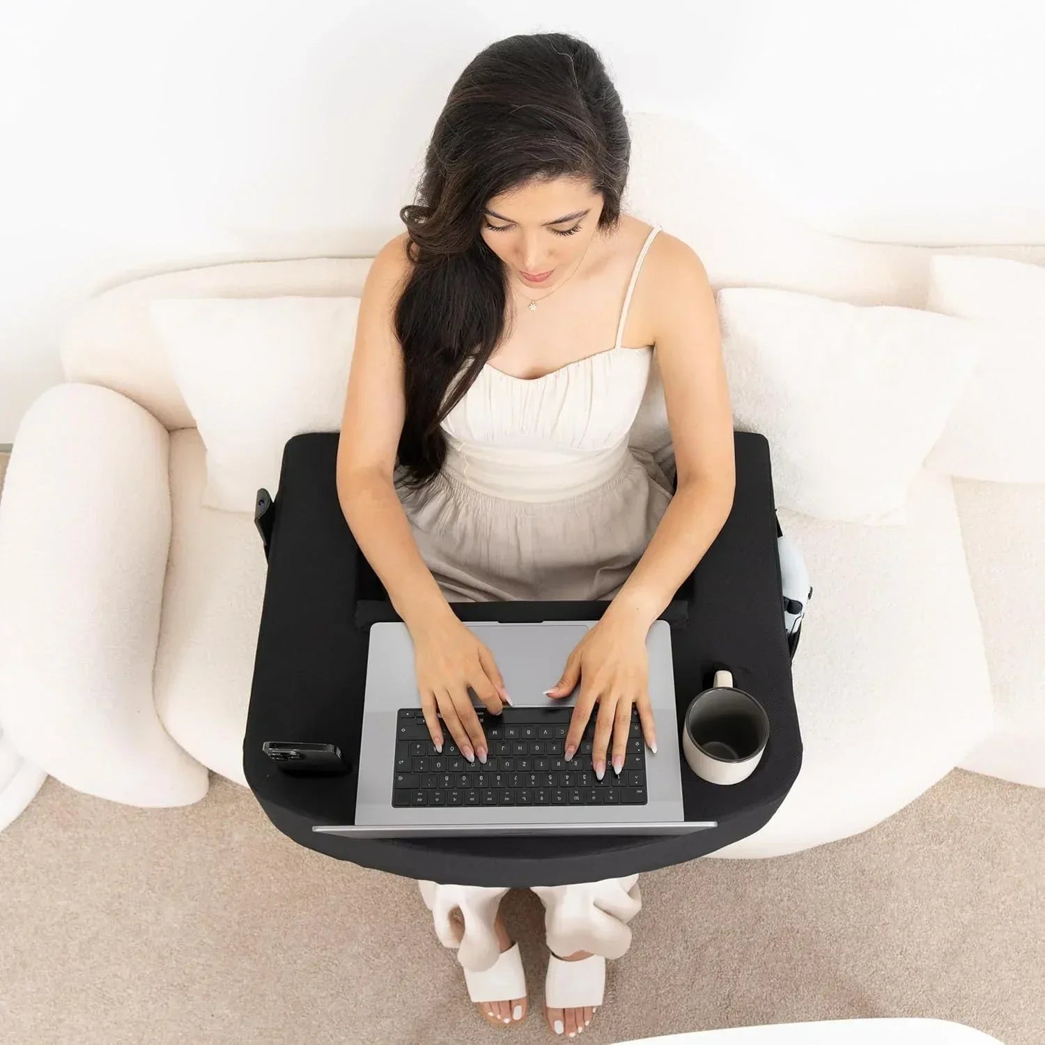 Reading Pillow for Gaming – Extra Large Lap Desk & Arm Rest with Cup & Phone Holder, Adjustable Heights, Laptop Support, Large Pockets – Comfortable for Work, Gaming & Crocheting (Furry Grey) - Unique Gift Market