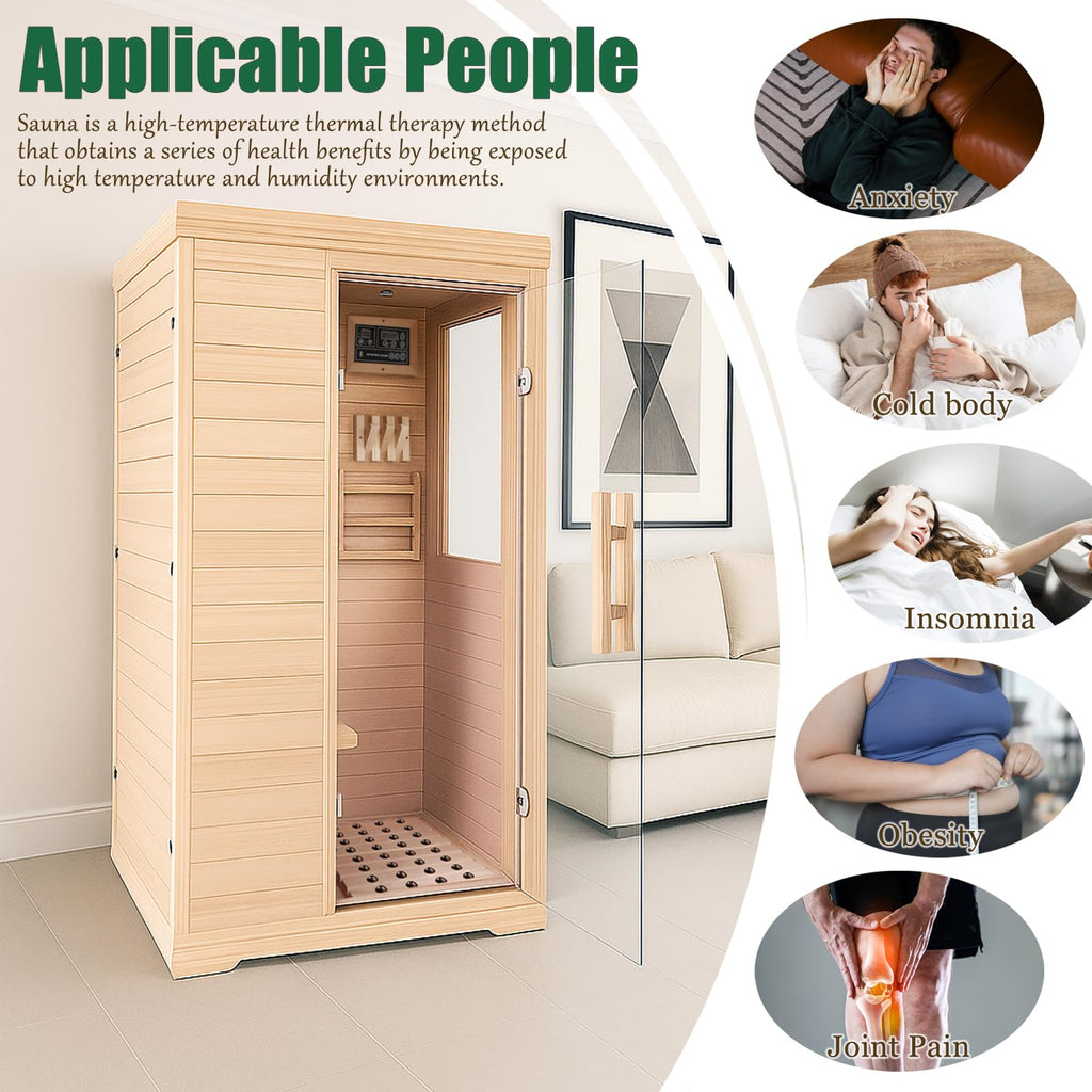 Far Infrared Sauna for 1 Person - 1050W Fast Heating, Canadian Hemlock Wood Home Sauna with Bluetooth Speaker, Chromotherapy & Oxygen Ionizer Easy Assembly Indoor Sauna for Relaxation, Detox, Home Gym