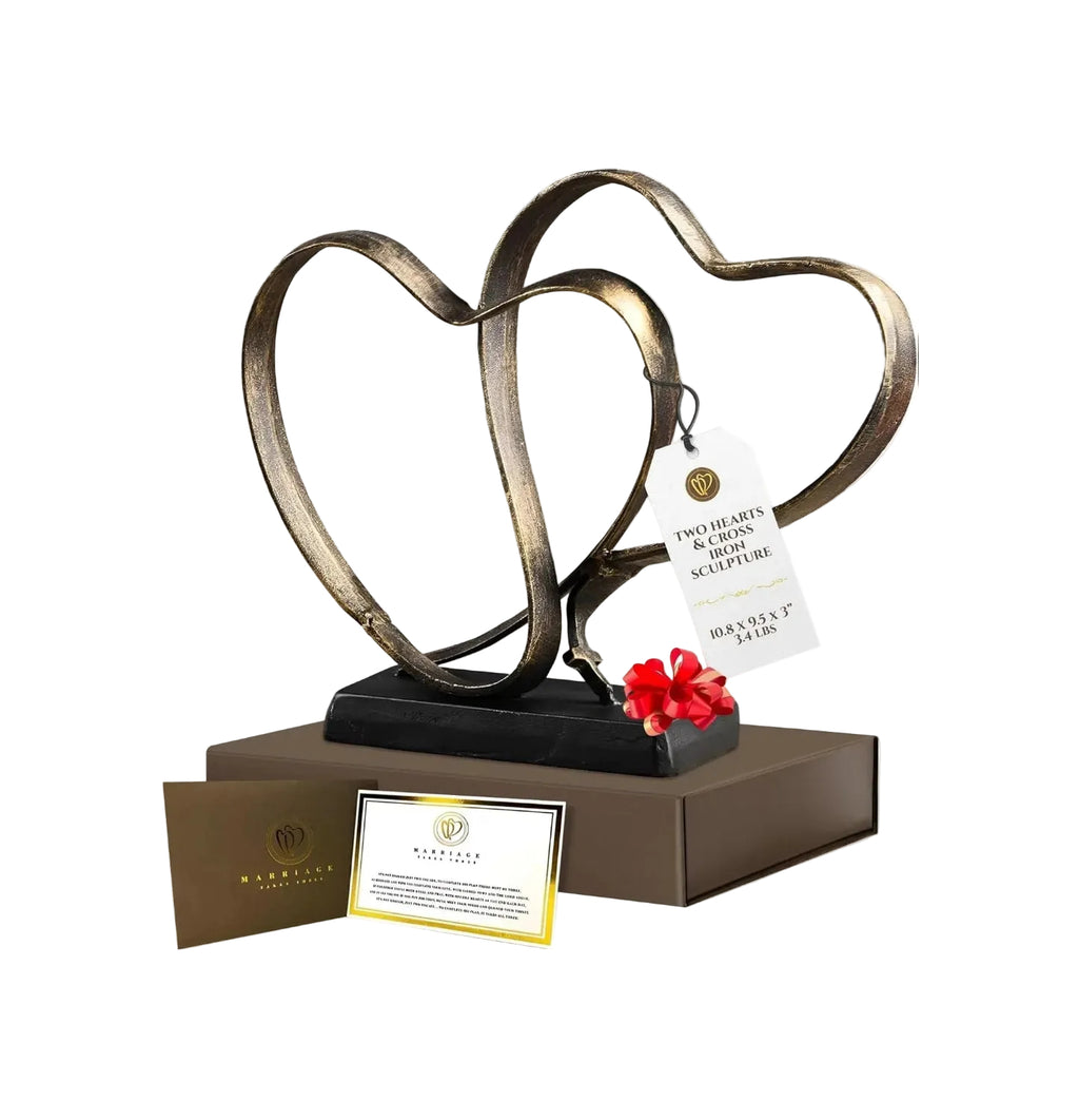Wedding Anniversary Couples Gift - Two Hearts and Cross Iron Sculpture, Heart Decoration Gift for Her and Him, 1st to 50th or 60th Anniversary, Includes Present Box and Poem Card - Unique Gift Market