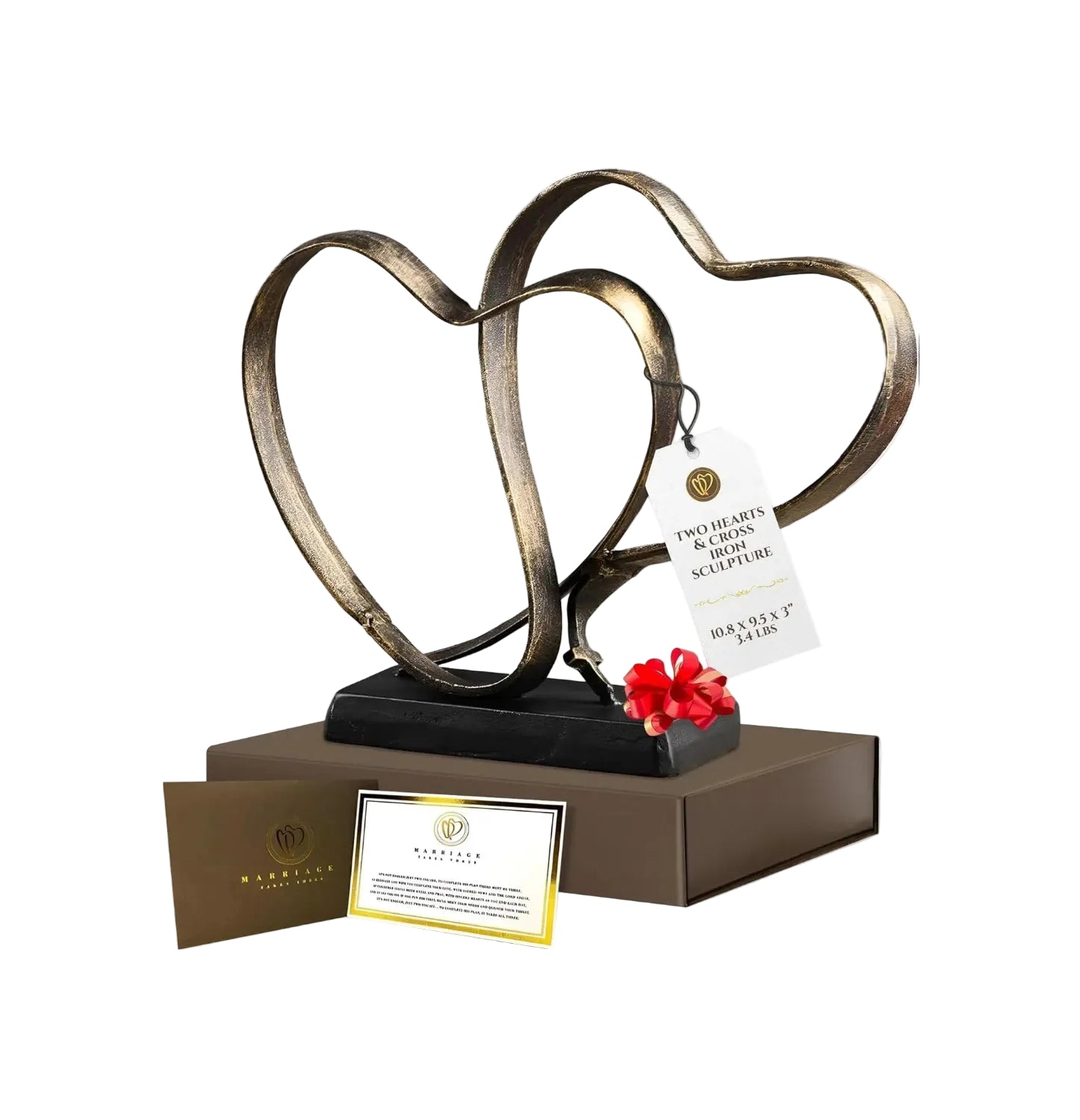 Wedding Anniversary Couples Gift - Two Hearts and Cross Iron Sculpture, Heart Decoration Gift for Her and Him, 1st to 50th or 60th Anniversary, Includes Present Box and Poem Card - Unique Gift Market
