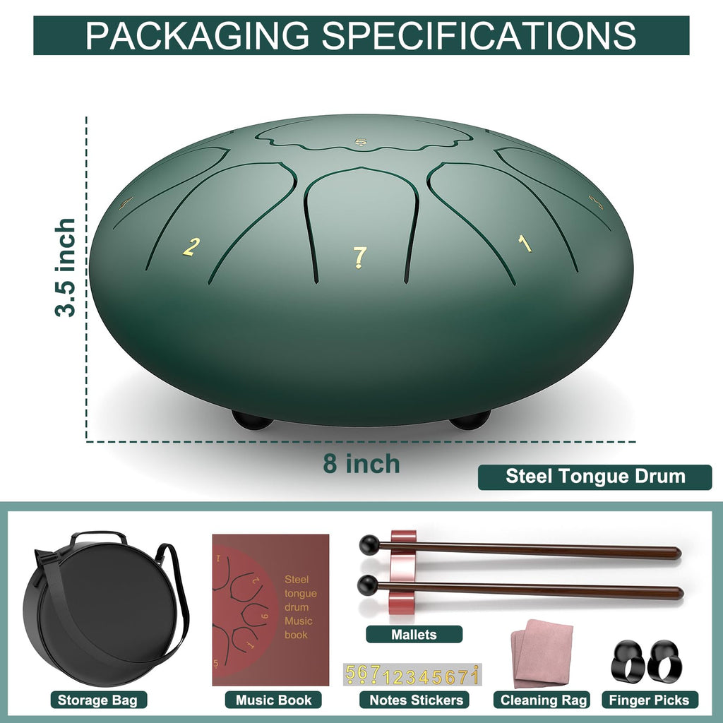 Rain Drum for Outside Garden, 6 Inches 8 Notes Steel Tongue Chakra Drums, Waterproof Meditation Rain Chime, Musical Instruments for Adult Gift with Bag, Music Book, Drum Mallets (Green)