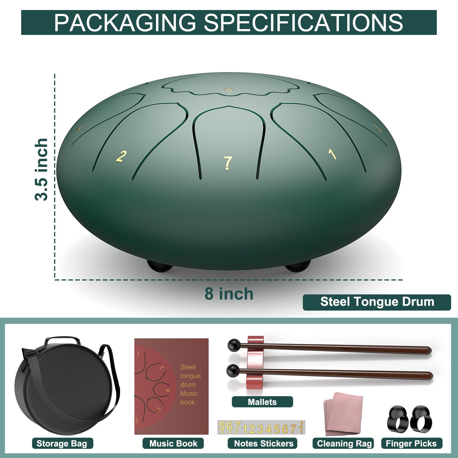Rain Drum for Outside Garden, 6 Inches 8 Notes Steel Tongue Chakra Drums, Waterproof Meditation Rain Chime, Musical Instruments for Adult Gift with Bag, Music Book, Drum Mallets (Green)