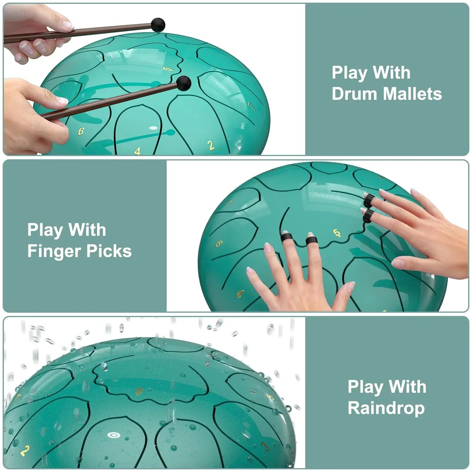 Rain Drum for Outside Garden, 6 Inches 8 Notes Steel Tongue Chakra Drums, Waterproof Meditation Rain Chime, Musical Instruments for Adult Gift with Bag, Music Book, Drum Mallets (Green) - Unique Gift Market