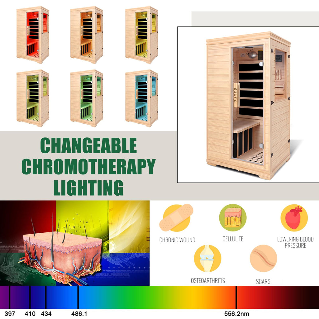 Far Infrared Sauna for 1 Person - 1050W Fast Heating, Canadian Hemlock Wood Home Sauna with Bluetooth Speaker, Chromotherapy & Oxygen Ionizer Easy Assembly Indoor Sauna for Relaxation, Detox, Home Gym