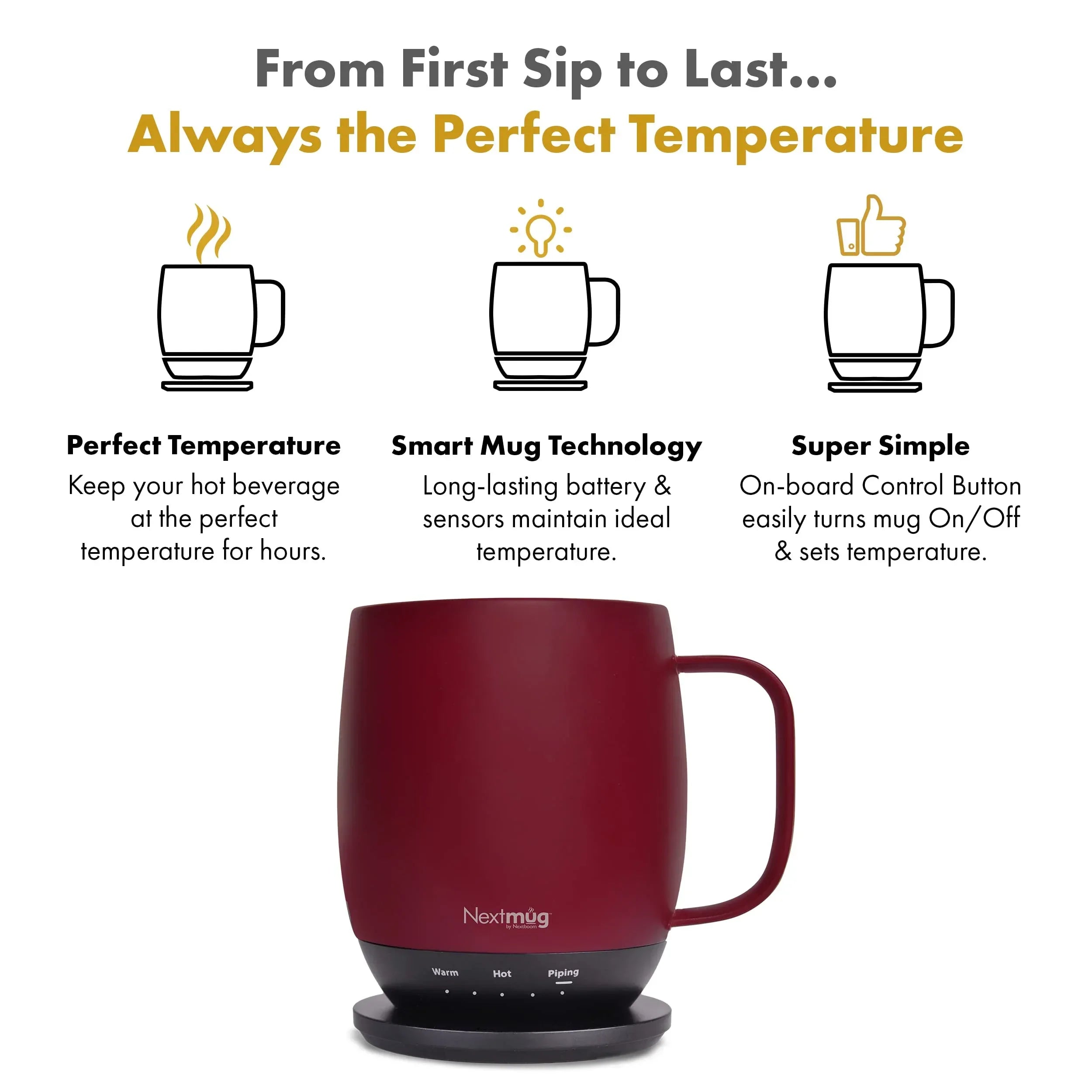 Nextmug - Temperature-Controlled, Self-Heating Coffee Mug (Black - 14 oz.) - Unique Gift Market