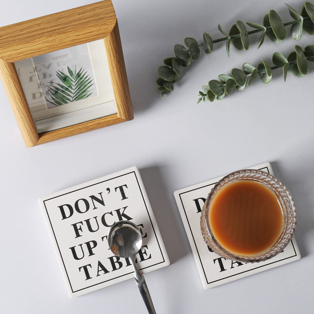 Funny Drink Coasters Ceramic Absorbent Coasters, Don't up The Table Unique Stone Drink Coaster with Cork Back for Coffee Table, Living Room, Family and Friends (Round-White, 6)
