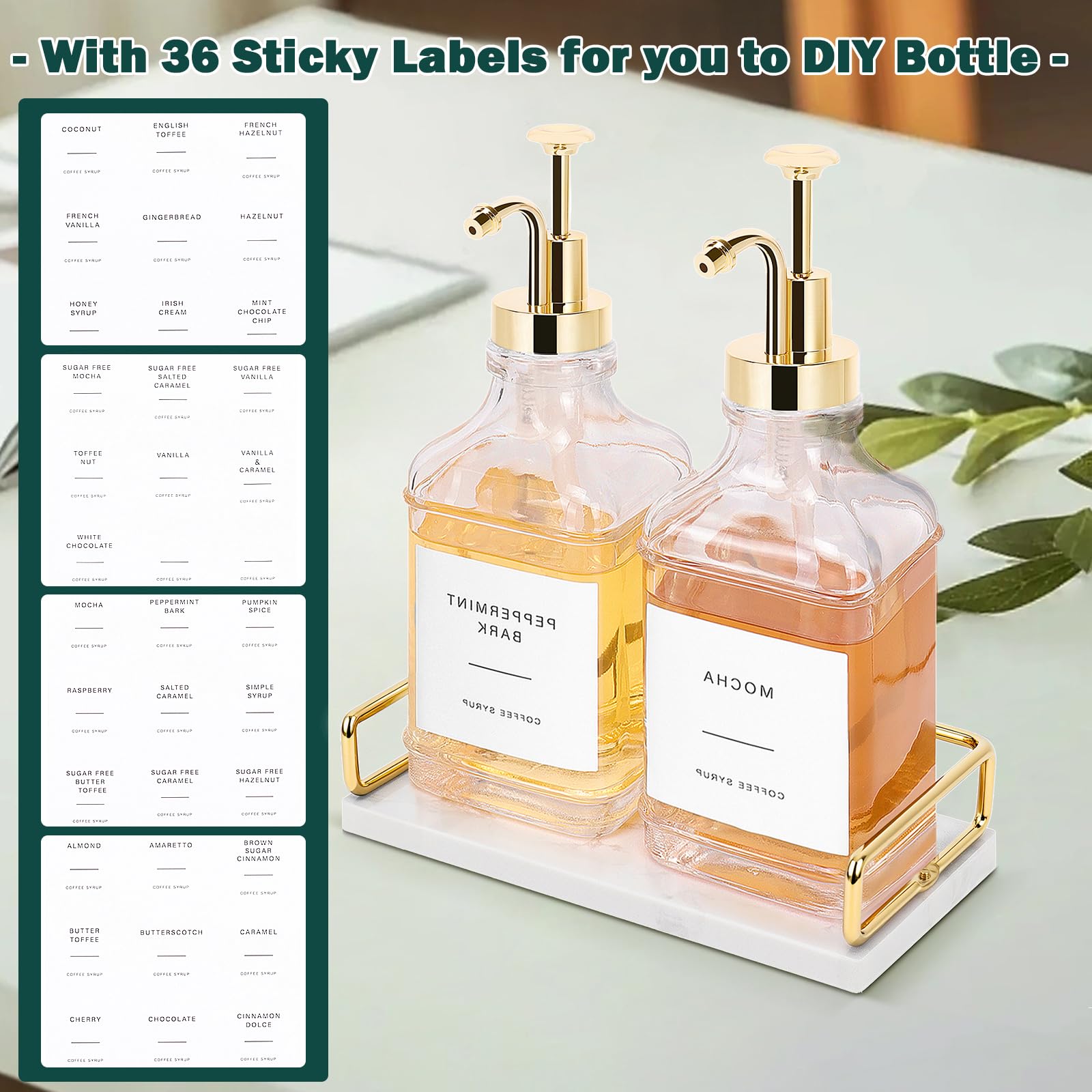 Coffee Syrup Dispenser for Coffee Bar, Clear Glass Syrup Bottles with Pump, Refillable Maple Syrup Storage, Coffee Station Accessories and Organizer, 500ml, Set of 2 + Tray (Gold)