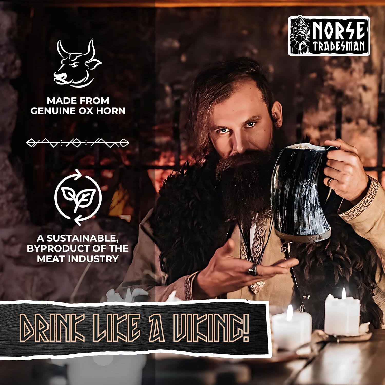 Norse Tradesman Original LG Viking Drinking Horn Mug - 100% Authentic Beer Horn Tankard With Natural Surface & Burlap Gift Sack | The Original, Low Polish, approx. 16 oz