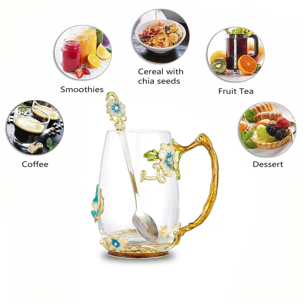 Tea Cup Glass Coffee Mugs,Fancy Tea Cup Set Birthday Christmas Valentine's Day Gift Idea for Tea Lover and Women Novelty Coffee Mugs Rose Flower Enamel Tea Cup Glass Mug with Spoon Set - Unique Gift Market