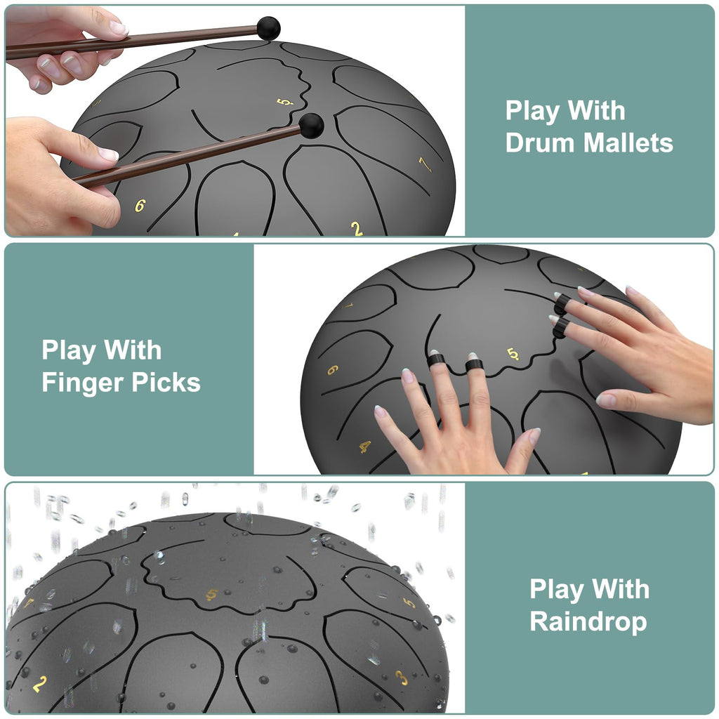 Rain Drum for Outside Garden, 6 Inches 8 Notes Steel Tongue Chakra Drums, Waterproof Meditation Rain Chime, Musical Instruments for Adult Gift with Bag, Music Book, Drum Mallets (Green)