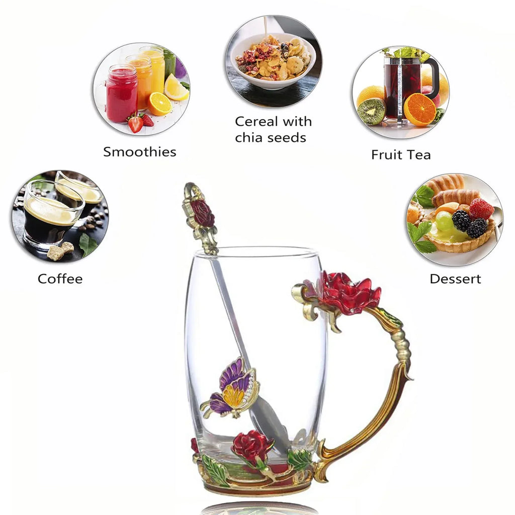 Tea Cup Glass Coffee Mugs,Fancy Tea Cup Set Birthday Christmas Valentine's Day Gift Idea for Tea Lover and Women Novelty Coffee Mugs Rose Flower Enamel Tea Cup Glass Mug with Spoon Set - Unique Gift Market
