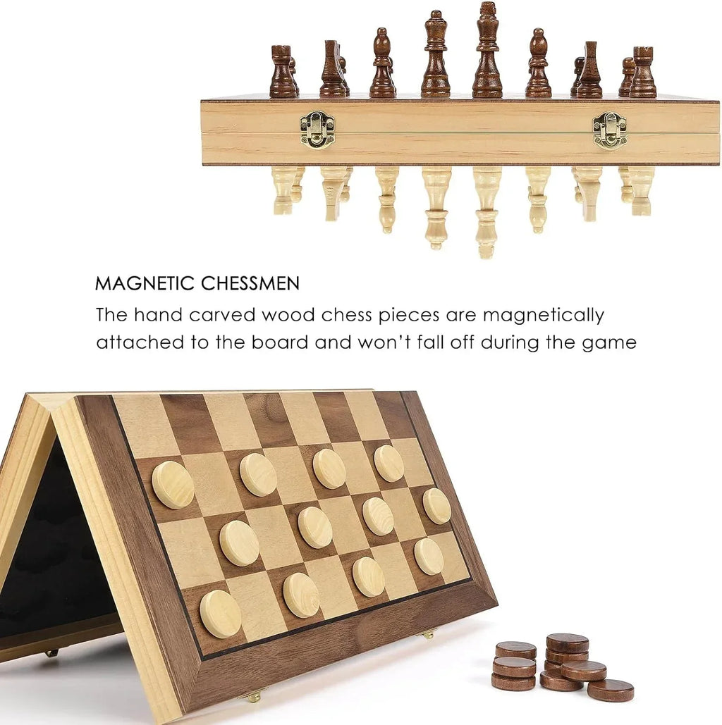AMEROUS 15'' Magnetic Wooden Chess & Checkers Game Set -2 Extra Queens -24 Cherkers Pieces - Chessmen Storage Slots, Beginner Chess Set for Kids and Adults, Classic 2 in 1 Board Games - Unique Gift Market