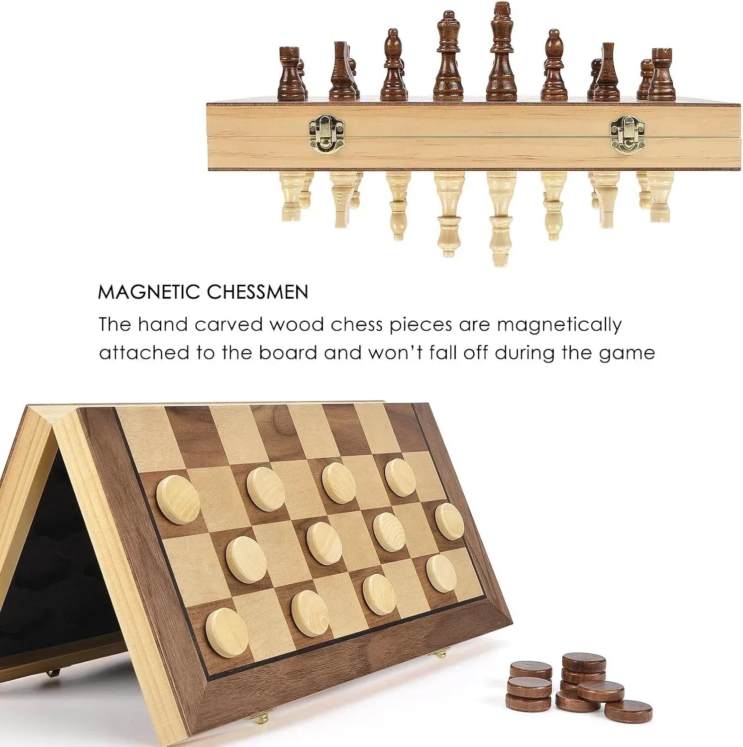 AMEROUS 15'' Magnetic Wooden Chess & Checkers Game Set -2 Extra Queens -24 Cherkers Pieces - Chessmen Storage Slots, Beginner Chess Set for Kids and Adults, Classic 2 in 1 Board Games - Unique Gift Market