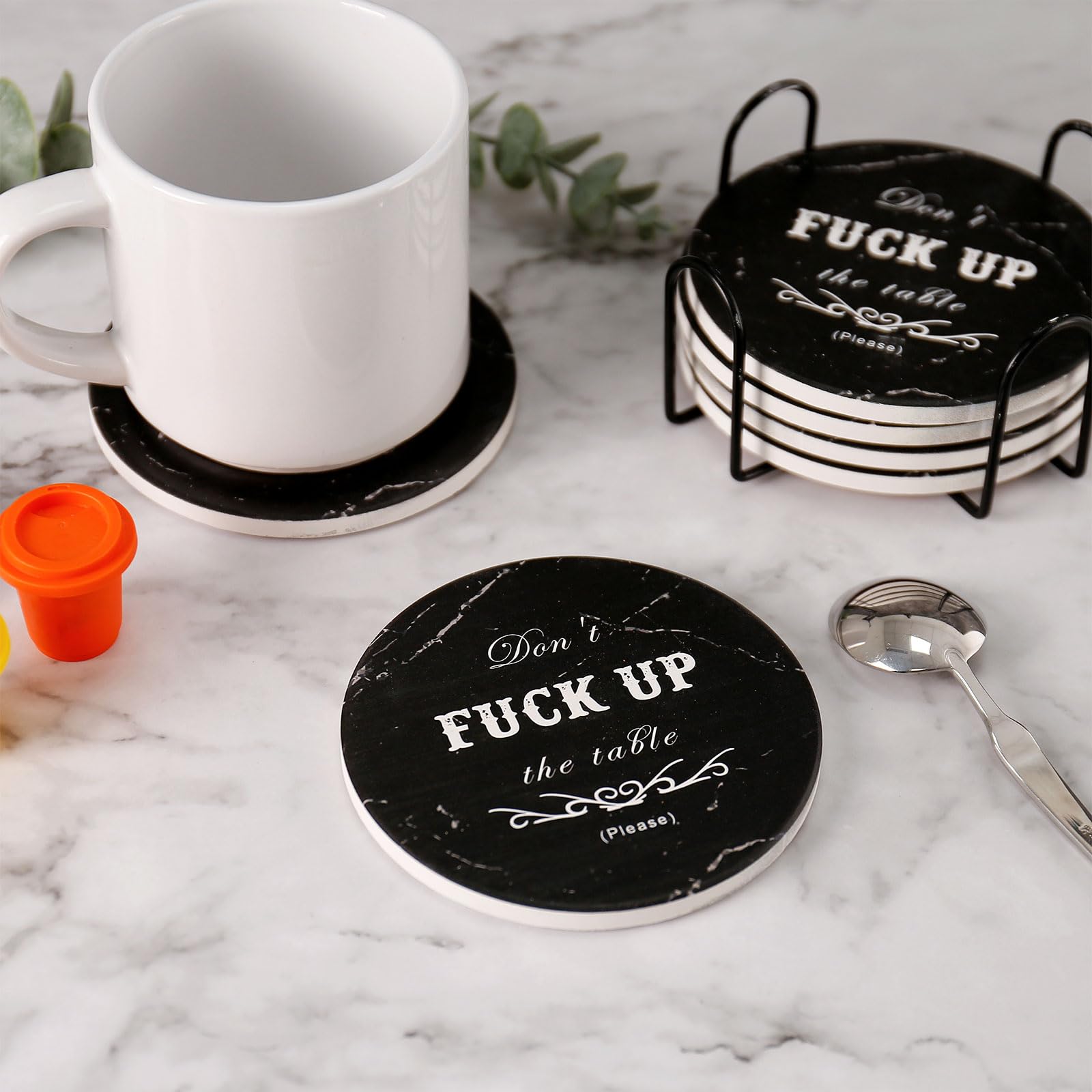 Funny Drink Coasters Ceramic Absorbent Coasters, Don't up The Table Unique Stone Drink Coaster with Cork Back for Coffee Table, Living Room, Family and Friends (Round-White, 6)