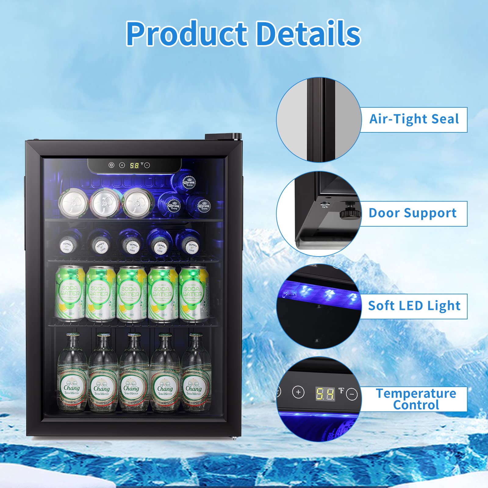 Antarctic Star 18L Beverage Refrigerator Cooler 24Can, Mini Fridge with Quiet Compressor, LED Light,Freestanding Small Fridge with Electronic Temperature Control for Home and Bar(40-61 ℉)