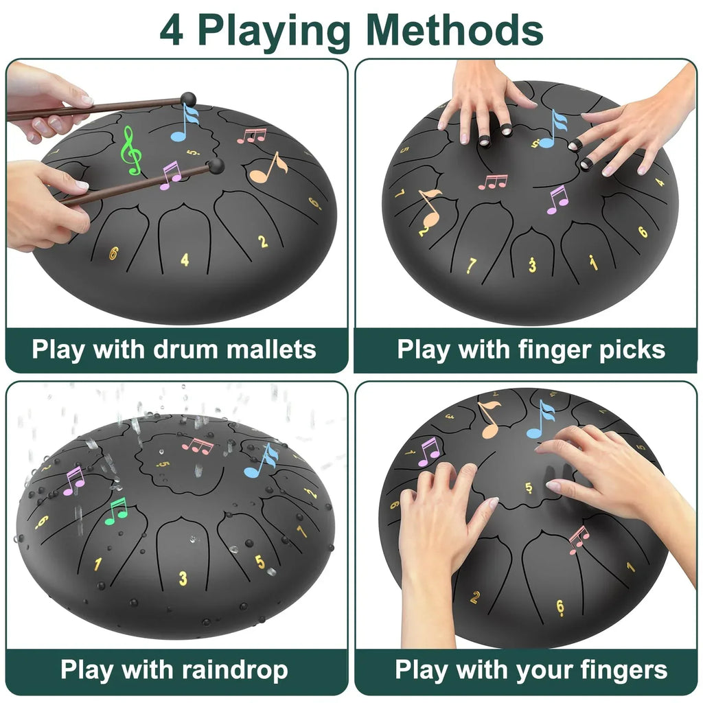 Rain Drum for Outside Garden, 6 Inches 8 Notes Steel Tongue Chakra Drums, Waterproof Meditation Rain Chime, Musical Instruments for Adult Gift with Bag, Music Book, Drum Mallets (Green) - Unique Gift Market