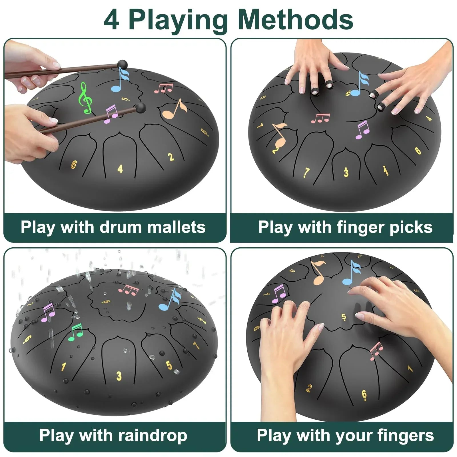 Rain Drum for Outside Garden, 6 Inches 8 Notes Steel Tongue Chakra Drums, Waterproof Meditation Rain Chime, Musical Instruments for Adult Gift with Bag, Music Book, Drum Mallets (Green) - Unique Gift Market