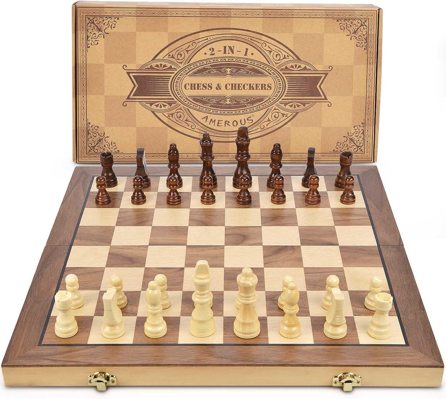 AMEROUS 15'' Magnetic Wooden Chess & Checkers Game Set -2 Extra Queens -24 Cherkers Pieces - Chessmen Storage Slots, Beginner Chess Set for Kids and Adults, Classic 2 in 1 Board Games - Unique Gift Market