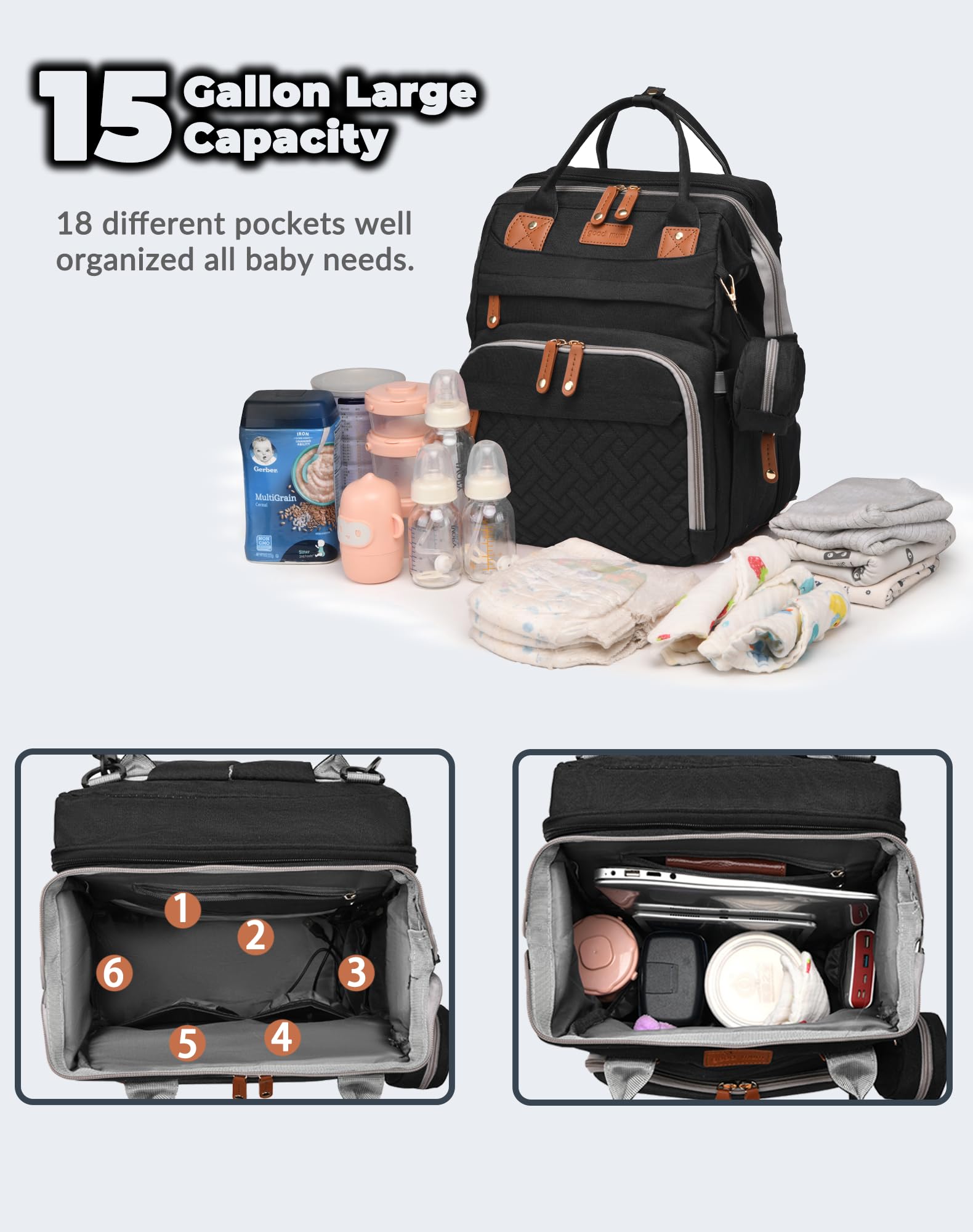 Baby Diaper Bags with Changing Station, Waterproof Diaper Bag Backpack for Moms Dads with USB Charging Port, Baby Shower Gifts, Large Capacity diaper backpack, Grey