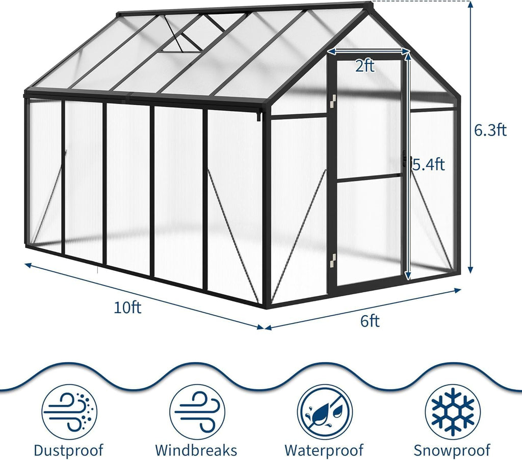 6×8FT Greenhouses for Outdoors, Aluminum Polycarbonate Greenhouses with Roof Vent - Heavy-Duty Walk-in Green Houses for All-Season Backyard Gardening