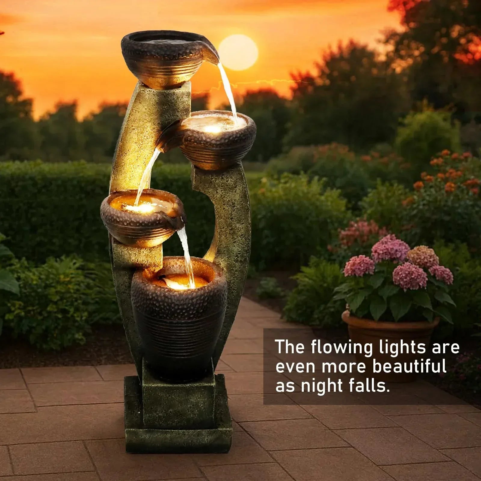Naturefalls 40" Tall Outdoor Water Fountain and Waterfalls - Large Garden Fountain with LED Lights, 4-Tier Crocks, Indoor and Outdoor Fountains for Garden, Patio, Deck, Porch, Backyard and Home, Gray - Unique Gift Market