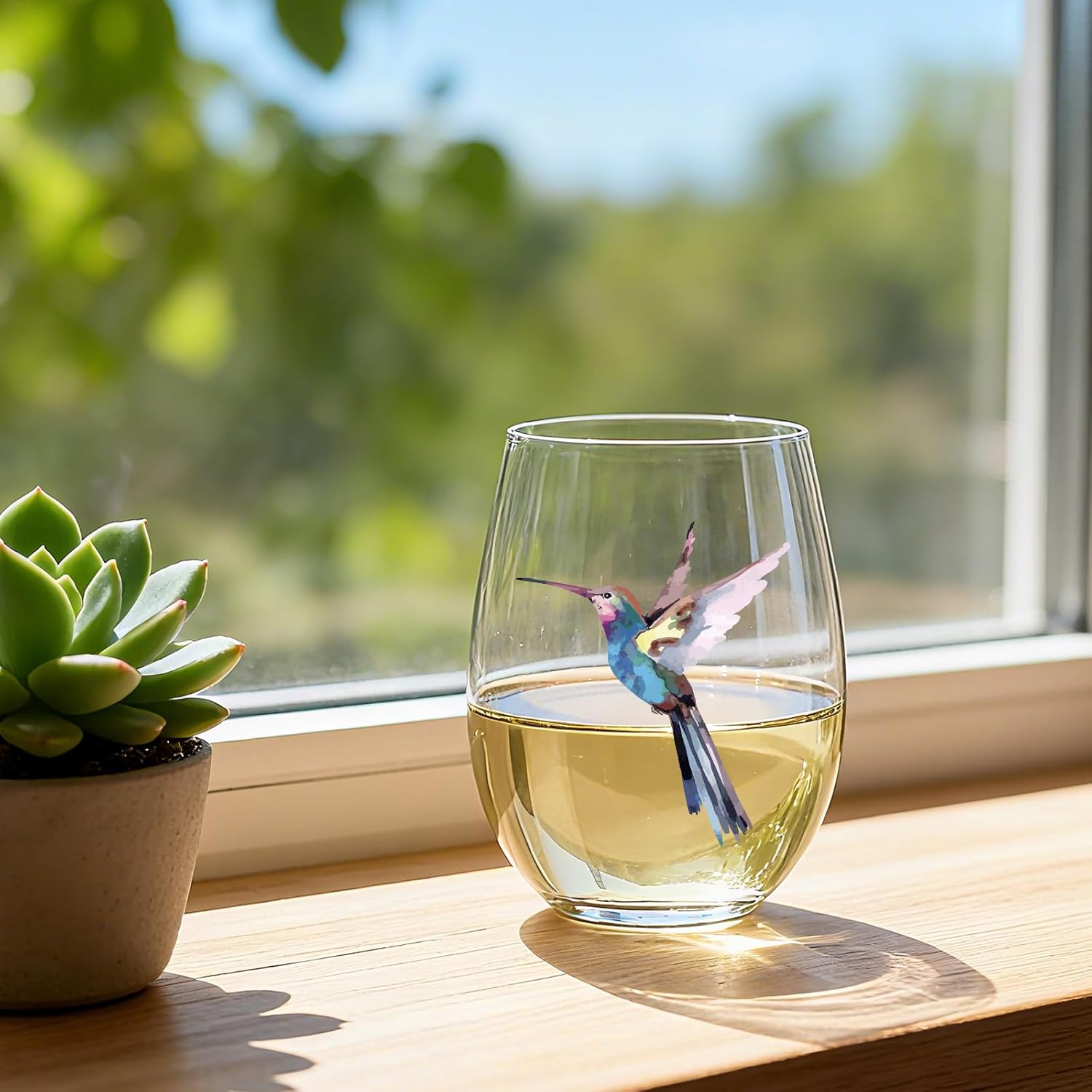 Hummingbird Stemless Wine Glasses Set of 4, Hummingbird Lovers Gifts for Women, Bird and Outdoor Lovers, 15oz Wine Glasses Gifts for Women, Floral Garden Lovers, Forest Birds Hummingbird Decor
