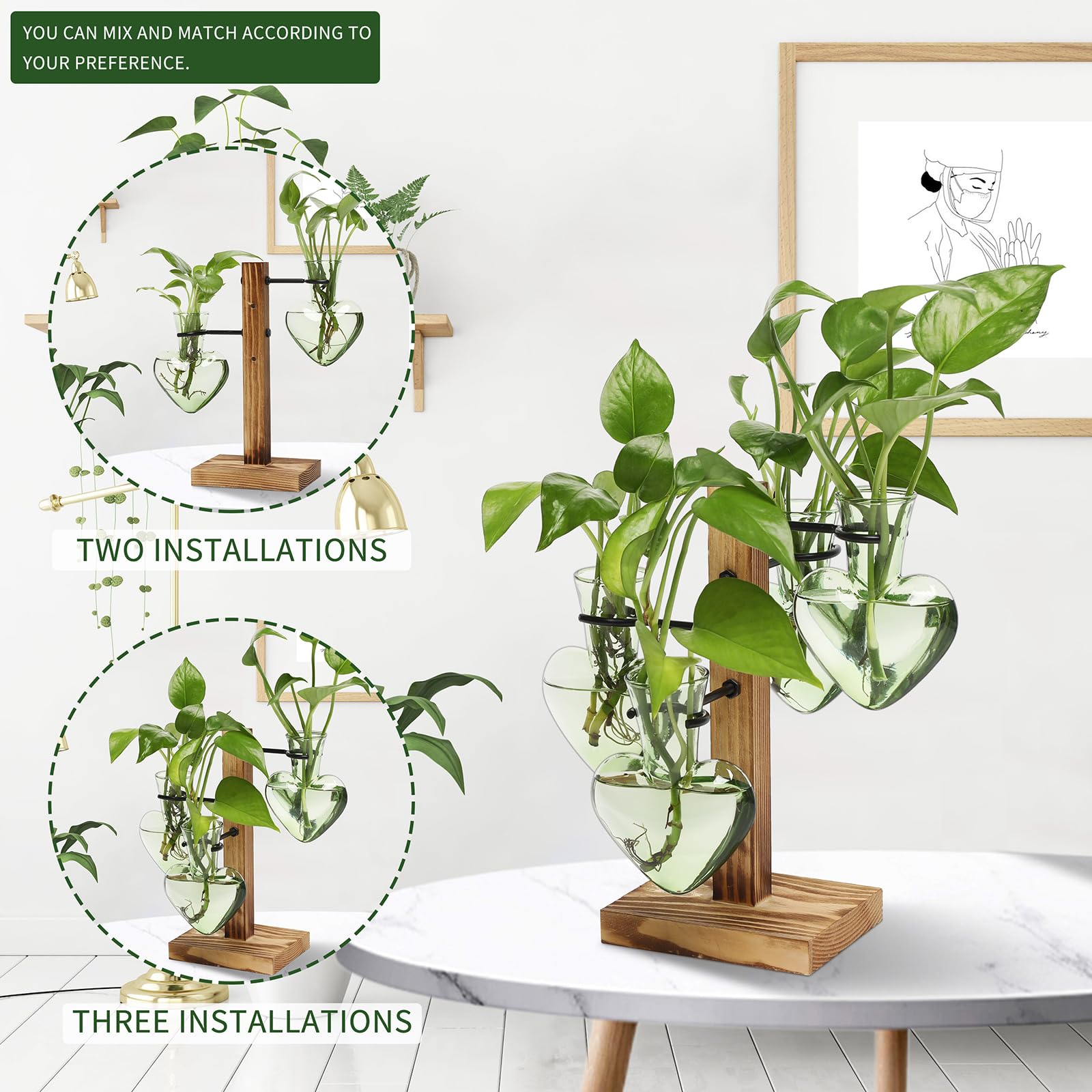 Plant Terrarium Propagation Stations with Wooden Stand, Glass Vase for Indoor Hydroponics Home Garden Office Decoration Gift for Women - 4 Love Bulb Vase