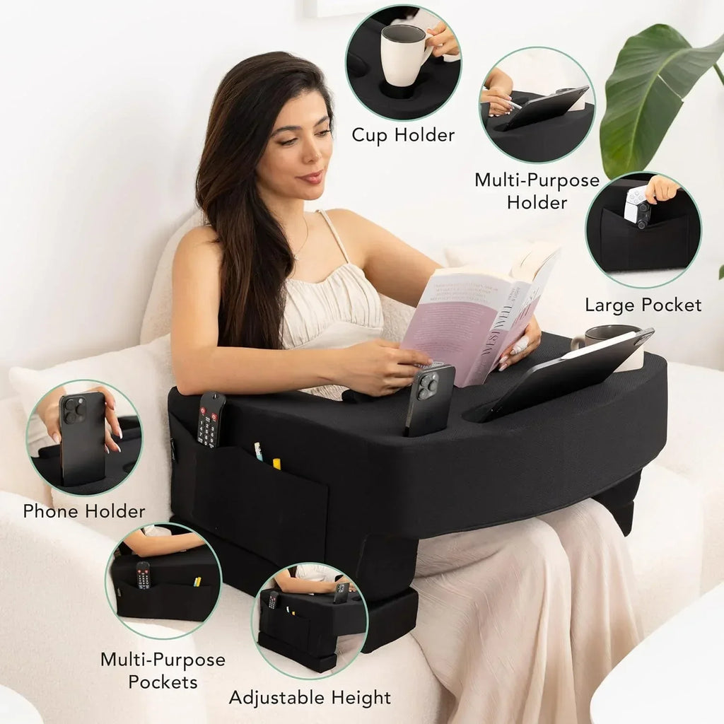 Reading Pillow for Gaming – Extra Large Lap Desk & Arm Rest with Cup & Phone Holder, Adjustable Heights, Laptop Support, Large Pockets – Comfortable for Work, Gaming & Crocheting (Furry Grey) - Unique Gift Market