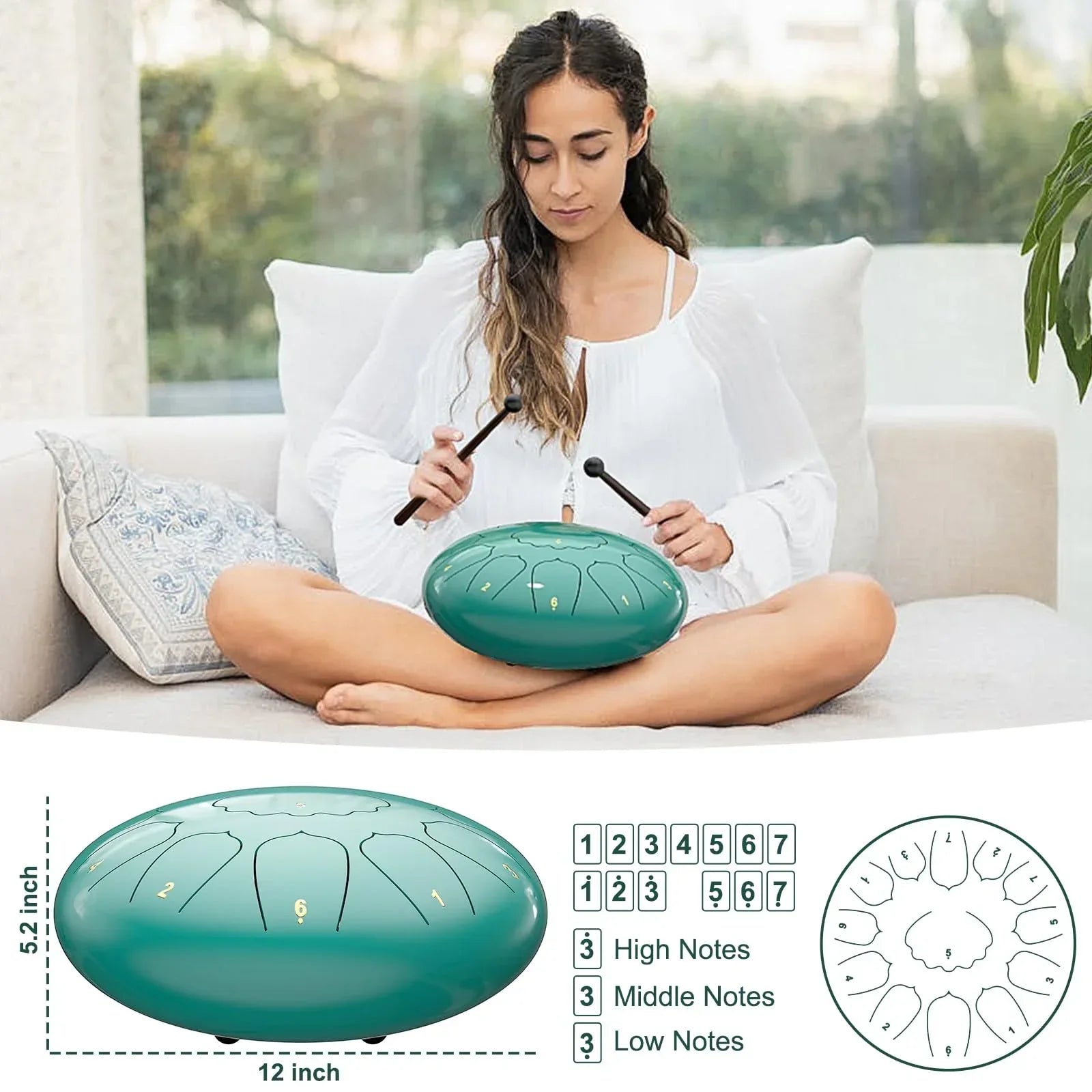 Rain Drum for Outside Garden, 6 Inches 8 Notes Steel Tongue Chakra Drums, Waterproof Meditation Rain Chime, Musical Instruments for Adult Gift with Bag, Music Book, Drum Mallets (Green) - Unique Gift Market