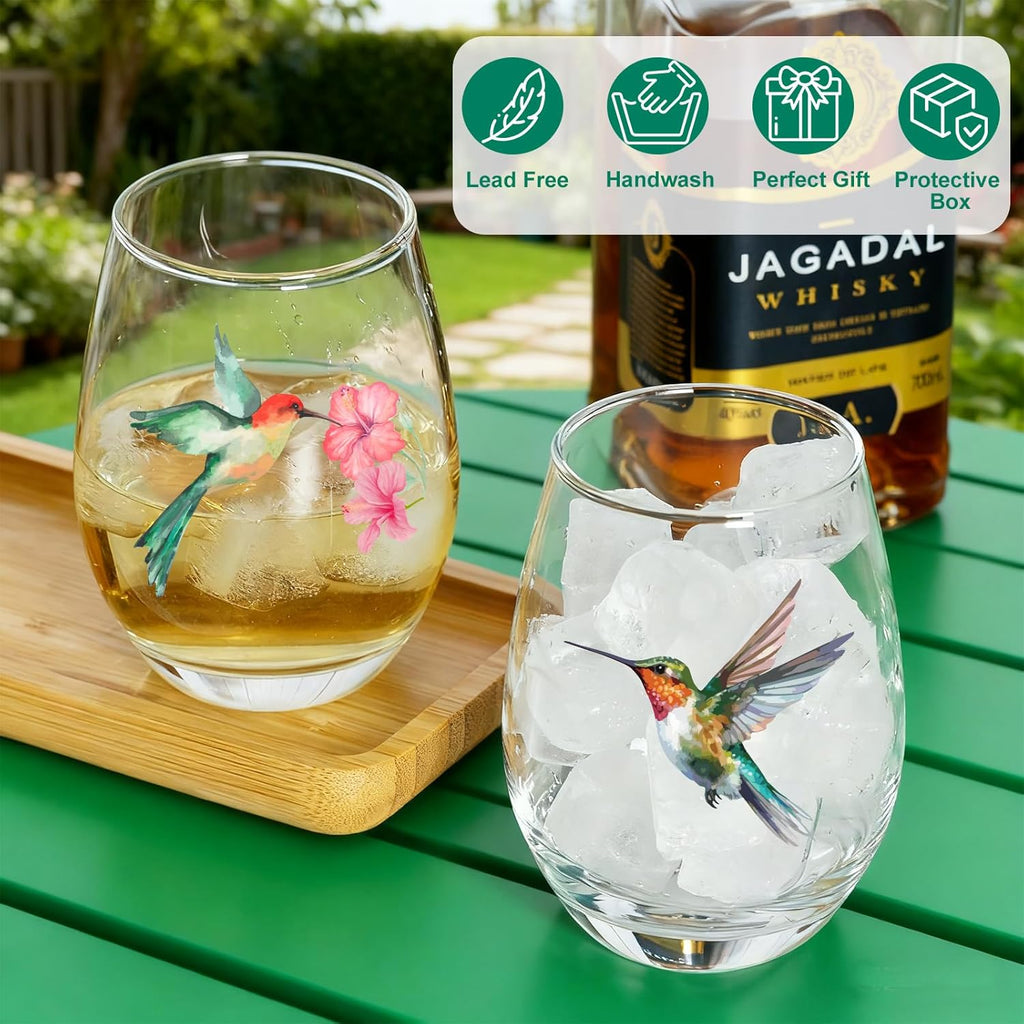 Hummingbird Stemless Wine Glasses Set of 4, Hummingbird Lovers Gifts for Women, Bird and Outdoor Lovers, 15oz Wine Glasses Gifts for Women, Floral Garden Lovers, Forest Birds Hummingbird Decor
