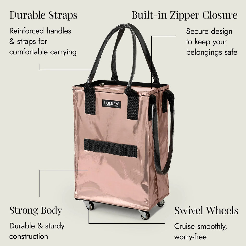 (Medium, Rose Gold) Reusable Grocery Bag On Wheels, Shopping Trolley, Rolling Tote, Zipper Closure, Lightweight, Carries Up to 66 lb, Folds Flat, Unbreakable Handles - Unique Gift Market