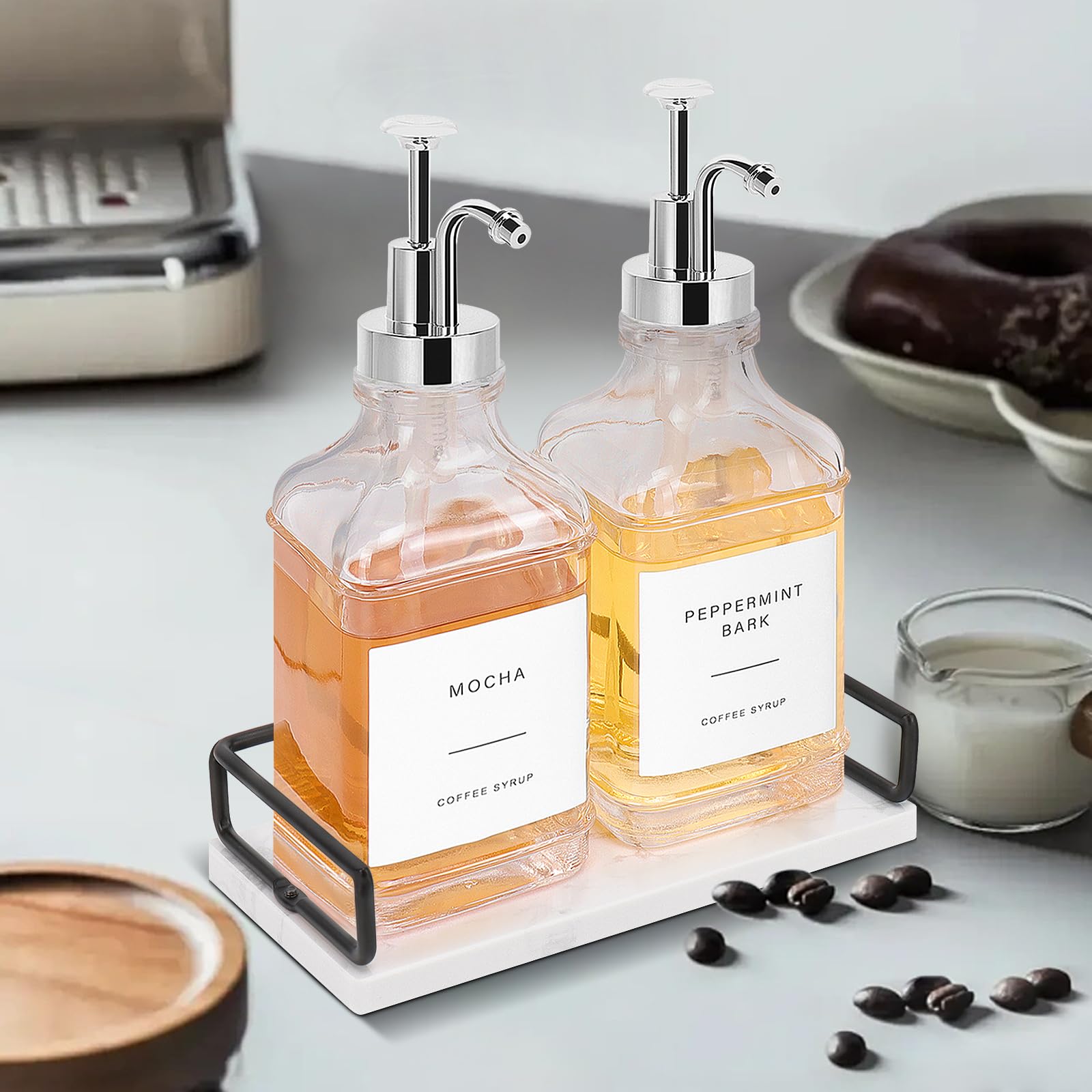 Coffee Syrup Dispenser for Coffee Bar, Clear Glass Syrup Bottles with Pump, Refillable Maple Syrup Storage, Coffee Station Accessories and Organizer, 500ml, Set of 2 + Tray (Gold)