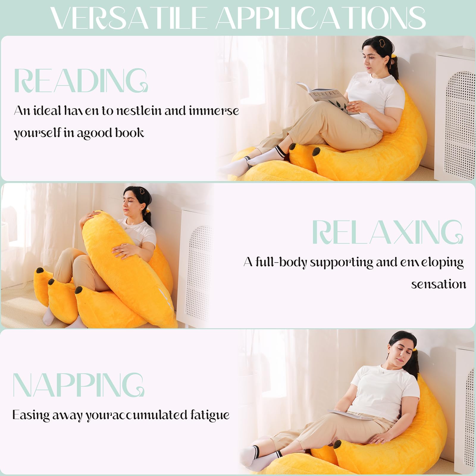 Banana Bean Bag Chair with Ottoman, Floor Sofa Bed with Footrest, Comfy Convertible Lounger for Teens & Adults, Plush Couch for Bedroom, Living Room or Dorm, M-Yellow