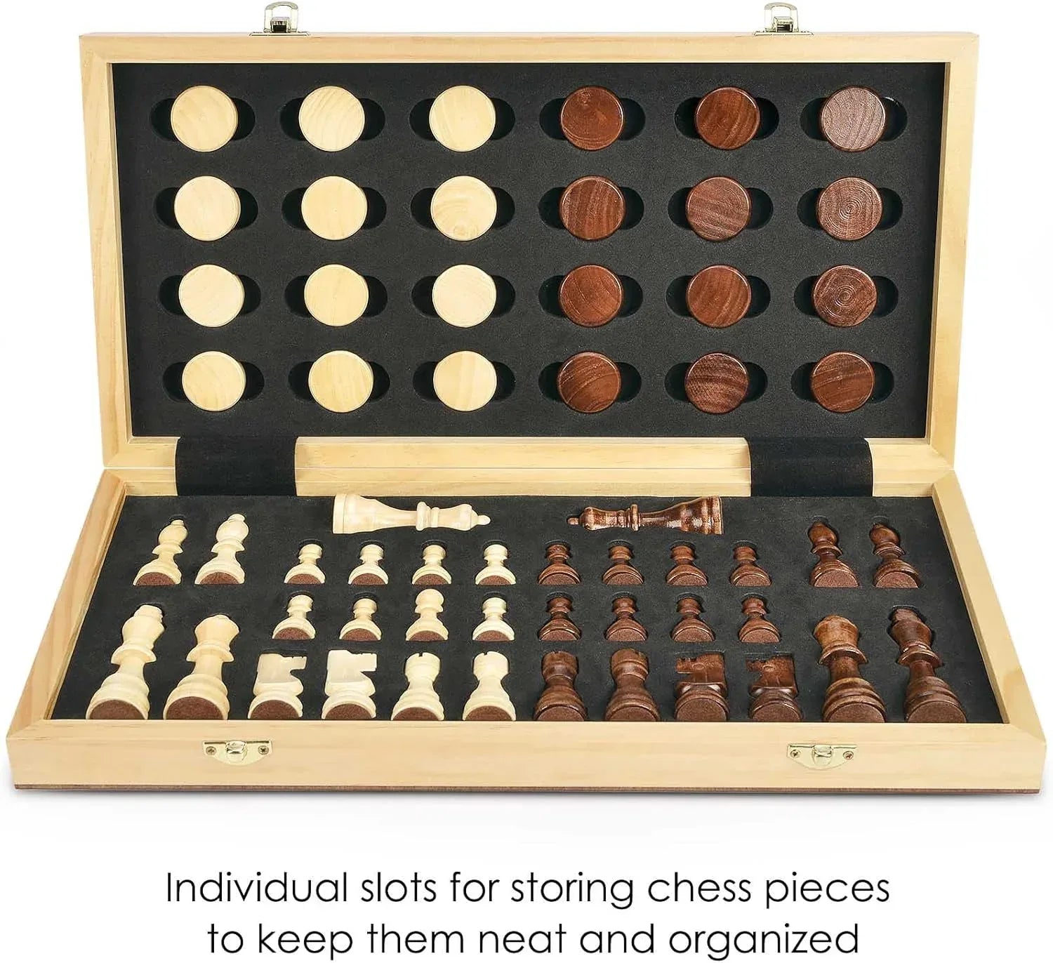 AMEROUS 15'' Magnetic Wooden Chess & Checkers Game Set -2 Extra Queens -24 Cherkers Pieces - Chessmen Storage Slots, Beginner Chess Set for Kids and Adults, Classic 2 in 1 Board Games - Unique Gift Market