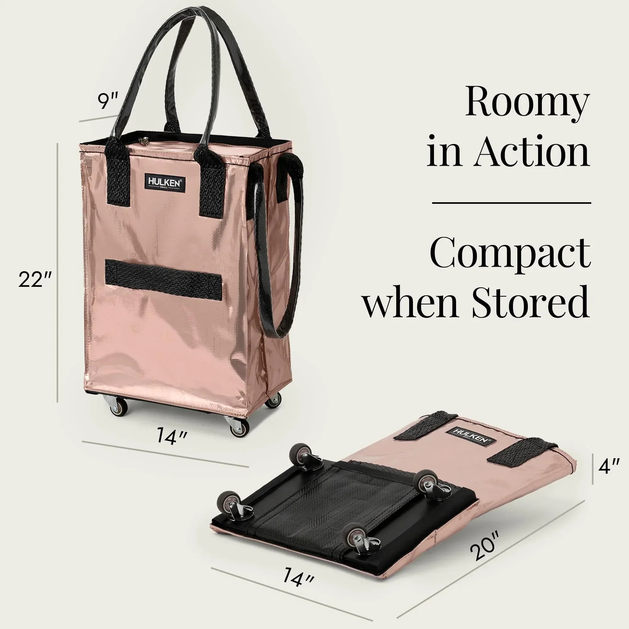 (Medium, Rose Gold) Reusable Grocery Bag On Wheels, Shopping Trolley, Rolling Tote, Zipper Closure, Lightweight, Carries Up to 66 lb, Folds Flat, Unbreakable Handles - Unique Gift Market