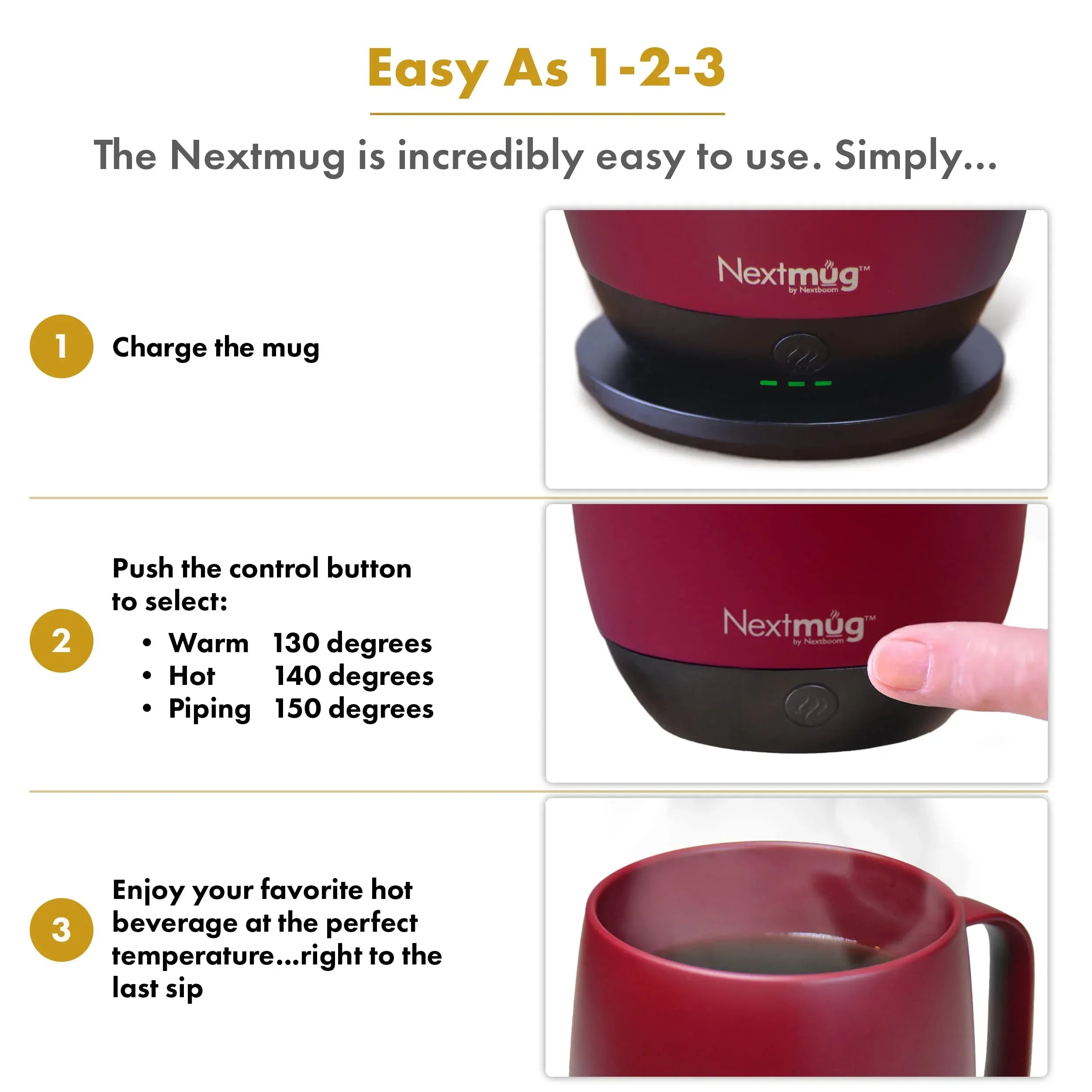 Nextmug - Temperature-Controlled, Self-Heating Coffee Mug (Black - 14 oz.) - Unique Gift Market