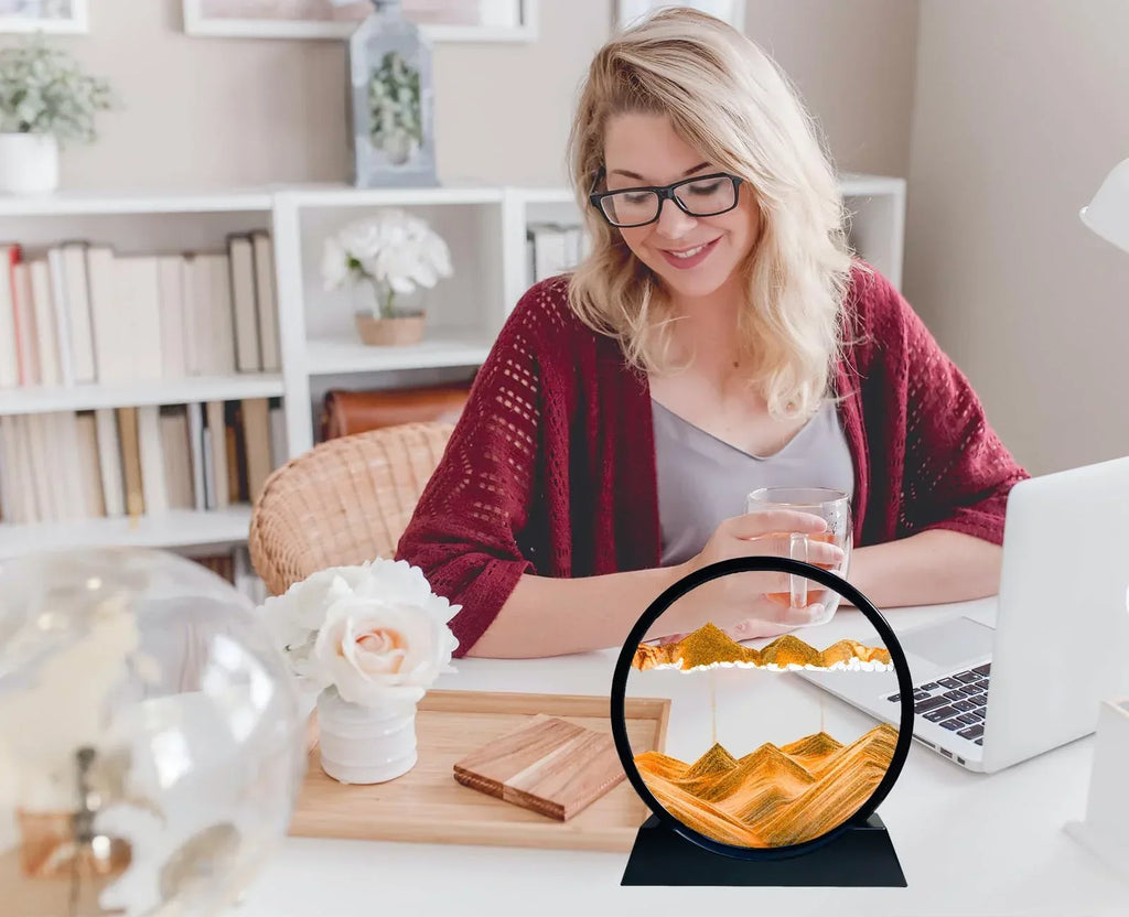 Moving Sand Art Picture - Sand Art Liquid Motion 3D Deep Sea Sandscape, Round Glass Frame Display Flowing Sand Relaxing Toy for Desktop Home Office Work Ocean Decor(Black, 7") - Unique Gift Market