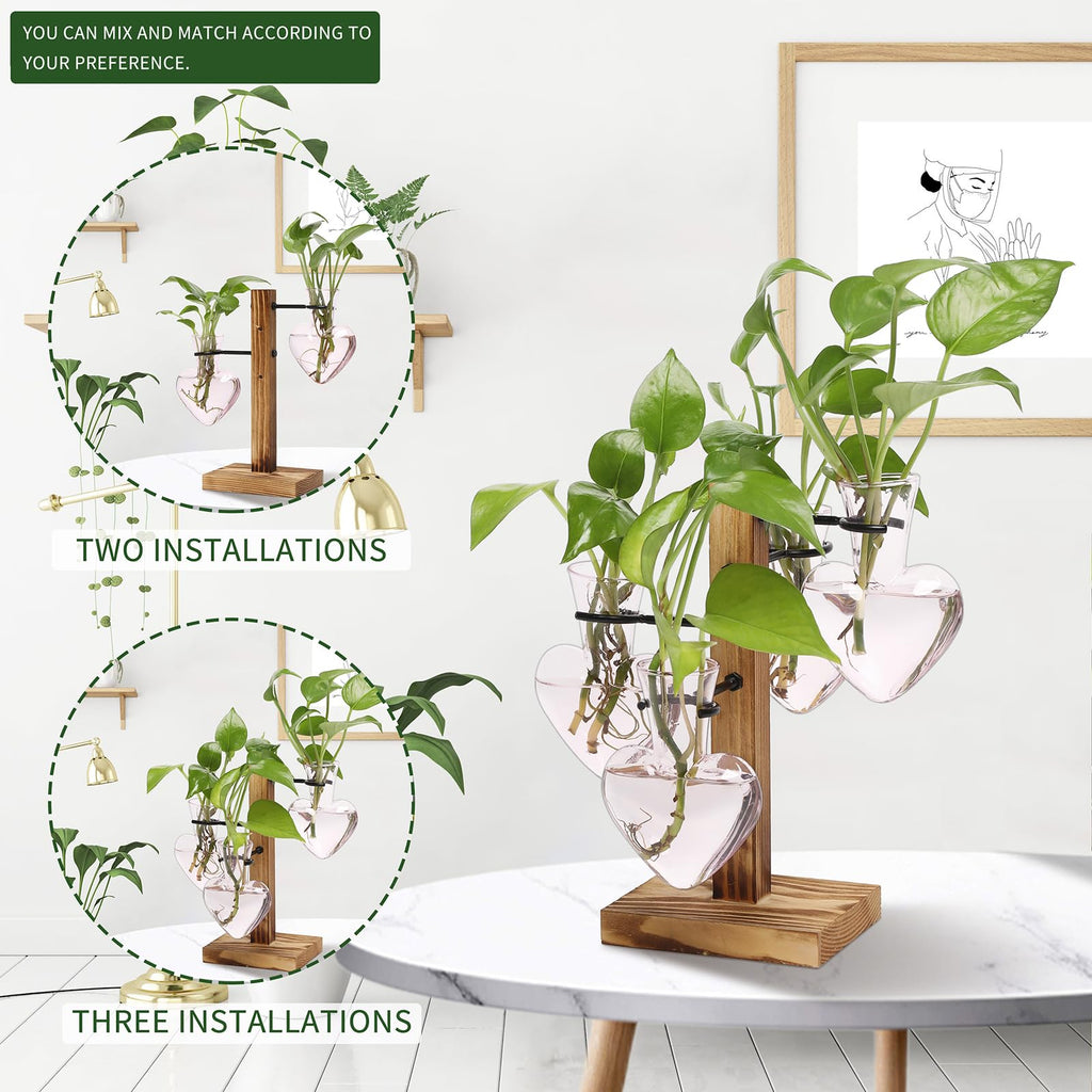 Plant Terrarium Propagation Stations with Wooden Stand, Glass Vase for Indoor Hydroponics Home Garden Office Decoration Gift for Women - 4 Love Bulb Vase