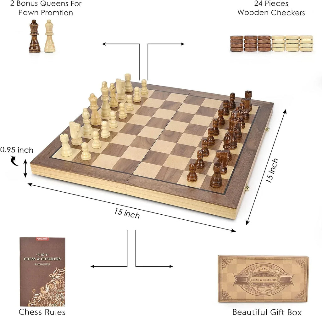 AMEROUS 15'' Magnetic Wooden Chess & Checkers Game Set -2 Extra Queens -24 Cherkers Pieces - Chessmen Storage Slots, Beginner Chess Set for Kids and Adults, Classic 2 in 1 Board Games - Unique Gift Market