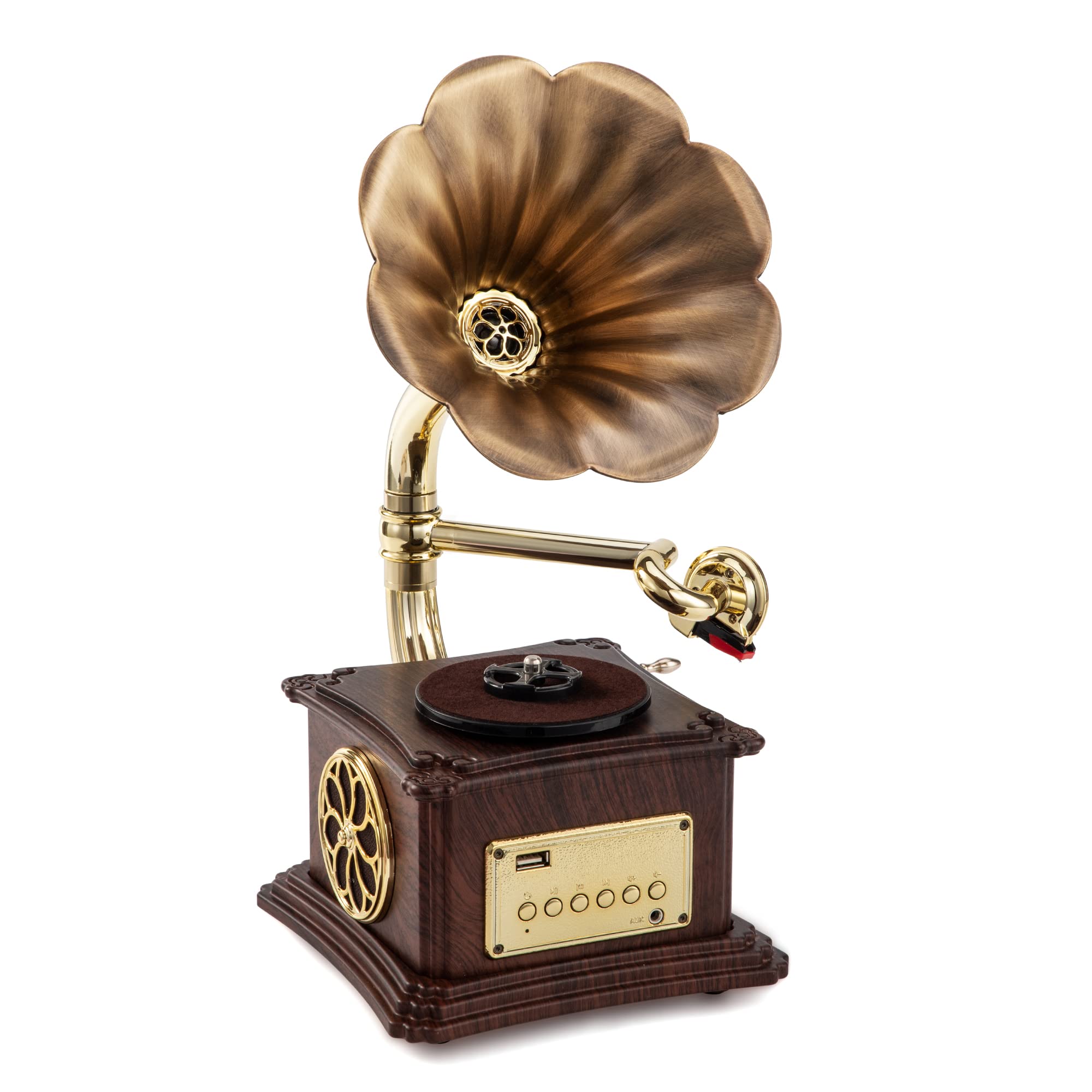 Mini Gramophone Vintage Copper Horn Record Player with Bluetooth, USB, AUX, FM Radio and Built-in Speakers for Gift Home Decor