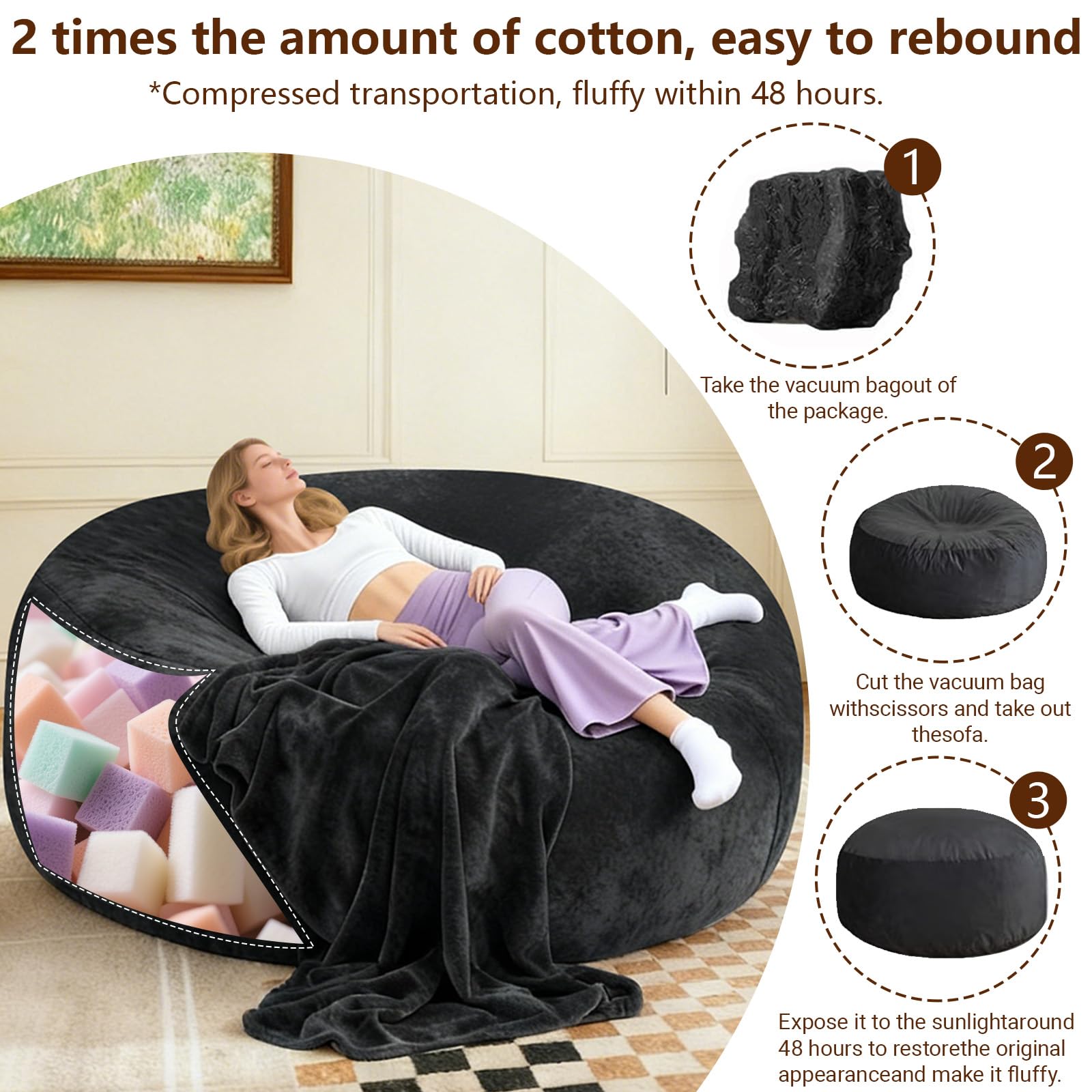 Big Beanbag Chairs for Adults ，6FT Bean Bag Chair with Filler Memory Foam Chair Super Soft Plush, Living Room Furniture, Suitable for bedrooms, Comfy Lounge Reading Chairs Birthday Gifts for Women Mom
