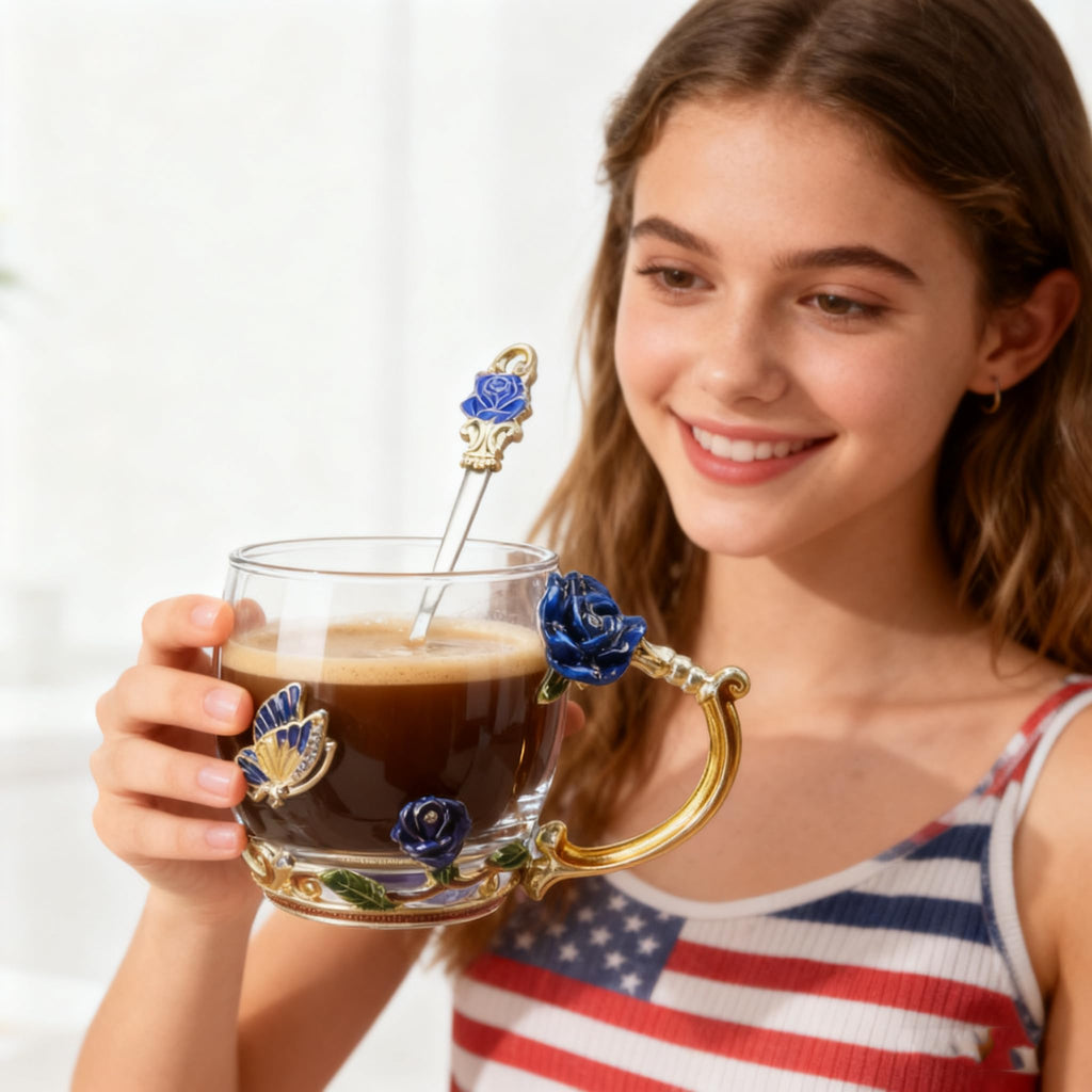 Best Gifts For Women Mom Blue Glass Coffee Tea Mug Unique Birthday Christmas Gift For Women Who Have Everything, Gift For Her Tea Cup with Spoon Sets (Blue-Tal)