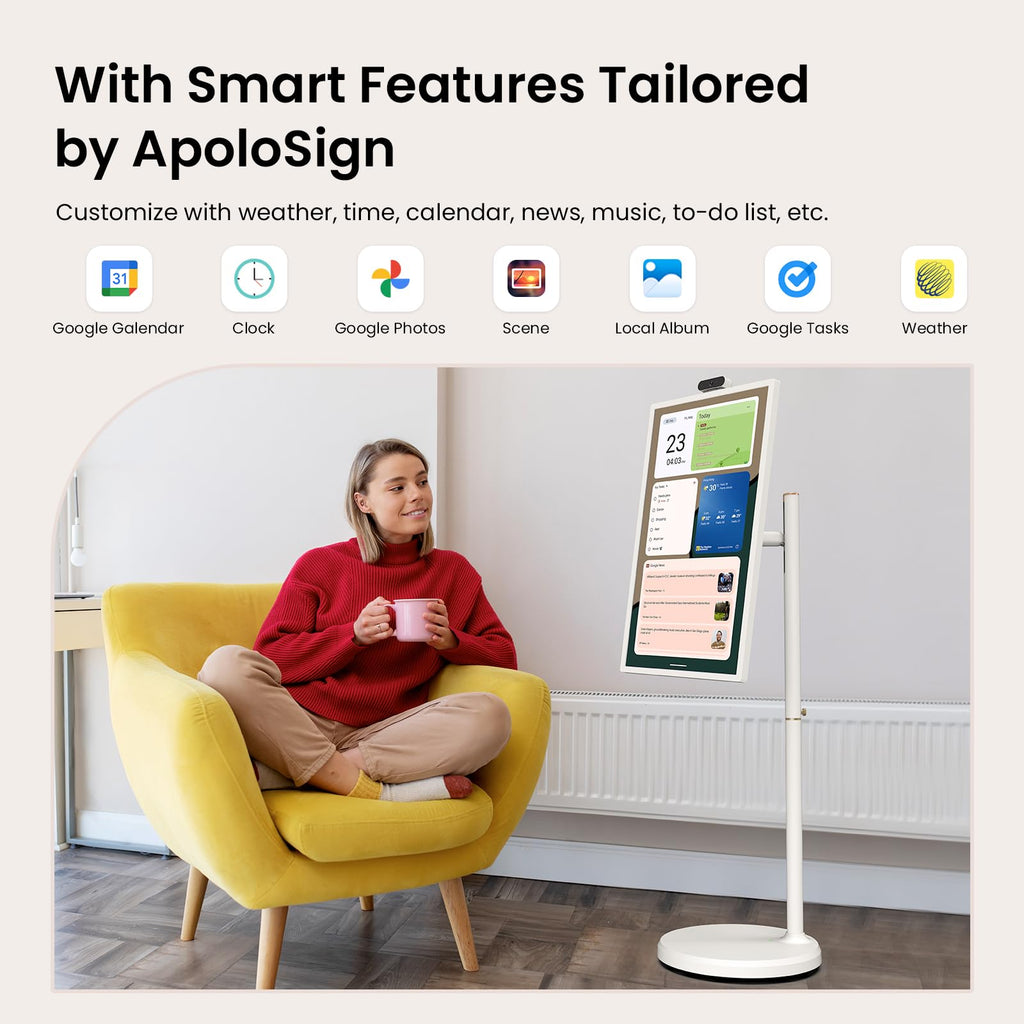 ApoloSign 32 Inch FHD Smart Portable TV 2nd Gen, 16(8+8) GB RAM+128GB, Android 16, EDLA-Certified, Rolling Tablet TV on Wheels, Built-in 15000mAh Battery, Full Swivel Rotation, Voice Remote Control