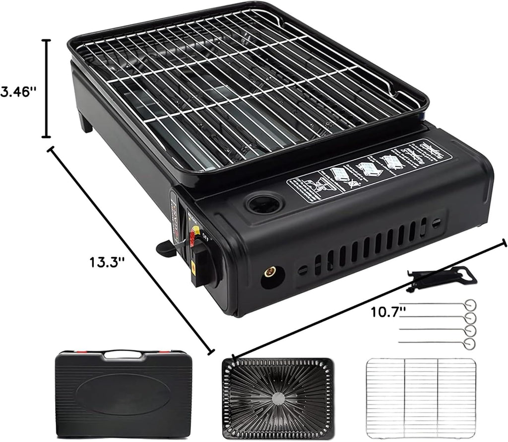 Portable Butane Stove - Compact Gas Grill Stove with Detachable Grate + Durable Carry Case | Dual Fuel Tabletop BBQ for Camping, Korean BBQ, Tailgating | Fast Stainless Steel Outdoor Cooker