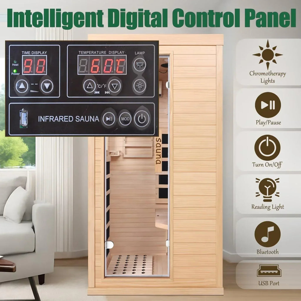 Far Infrared Sauna for 1 Person - 1050W Fast Heating, Canadian Hemlock Wood Home Sauna with Bluetooth Speaker, Chromotherapy & Oxygen Ionizer Easy Assembly Indoor Sauna for Relaxation, Detox, Home Gym - Unique Gift Market